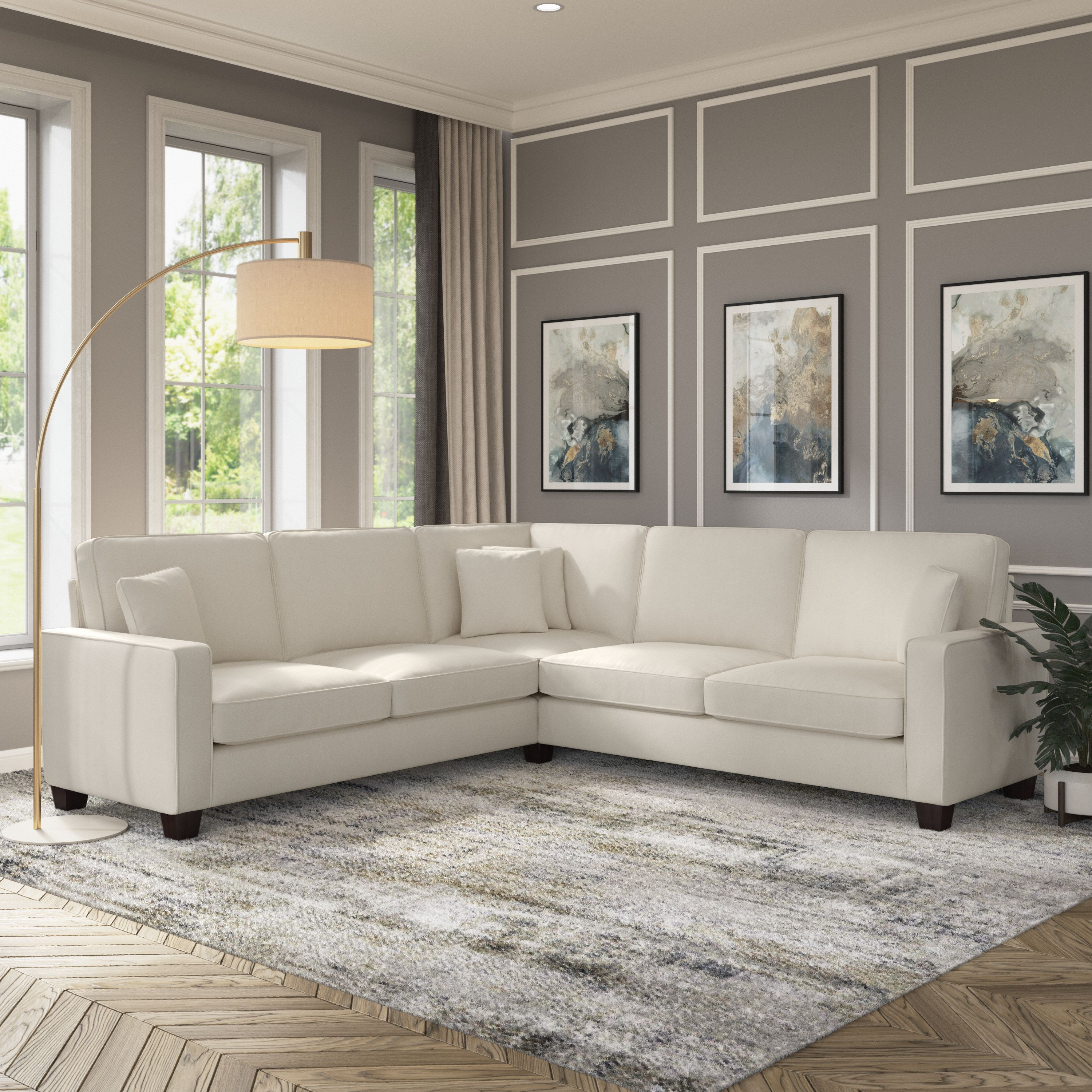 Shop Bush Furniture Stockton 99W L Shaped Sectional Couch 01 SNY98SCRH-03K #color_cream herringbone fabric