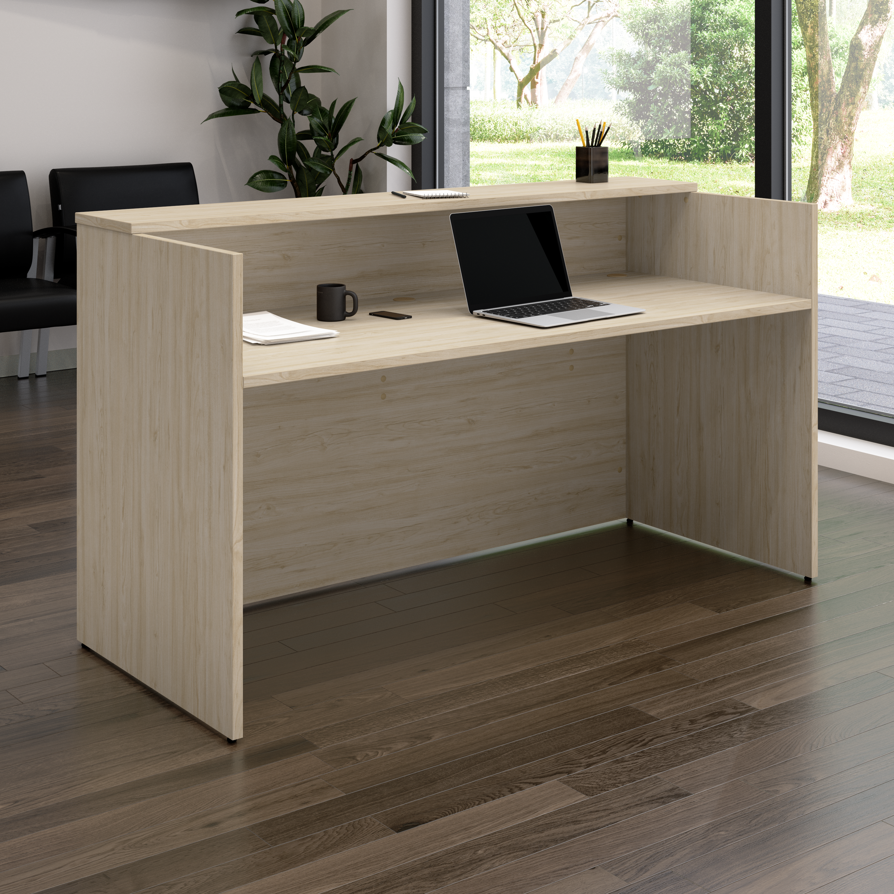 Shop Bush Business Furniture Arrive 72W x 30D Reception Desk with Shelf 01 AVD172NEK #color_natural elm