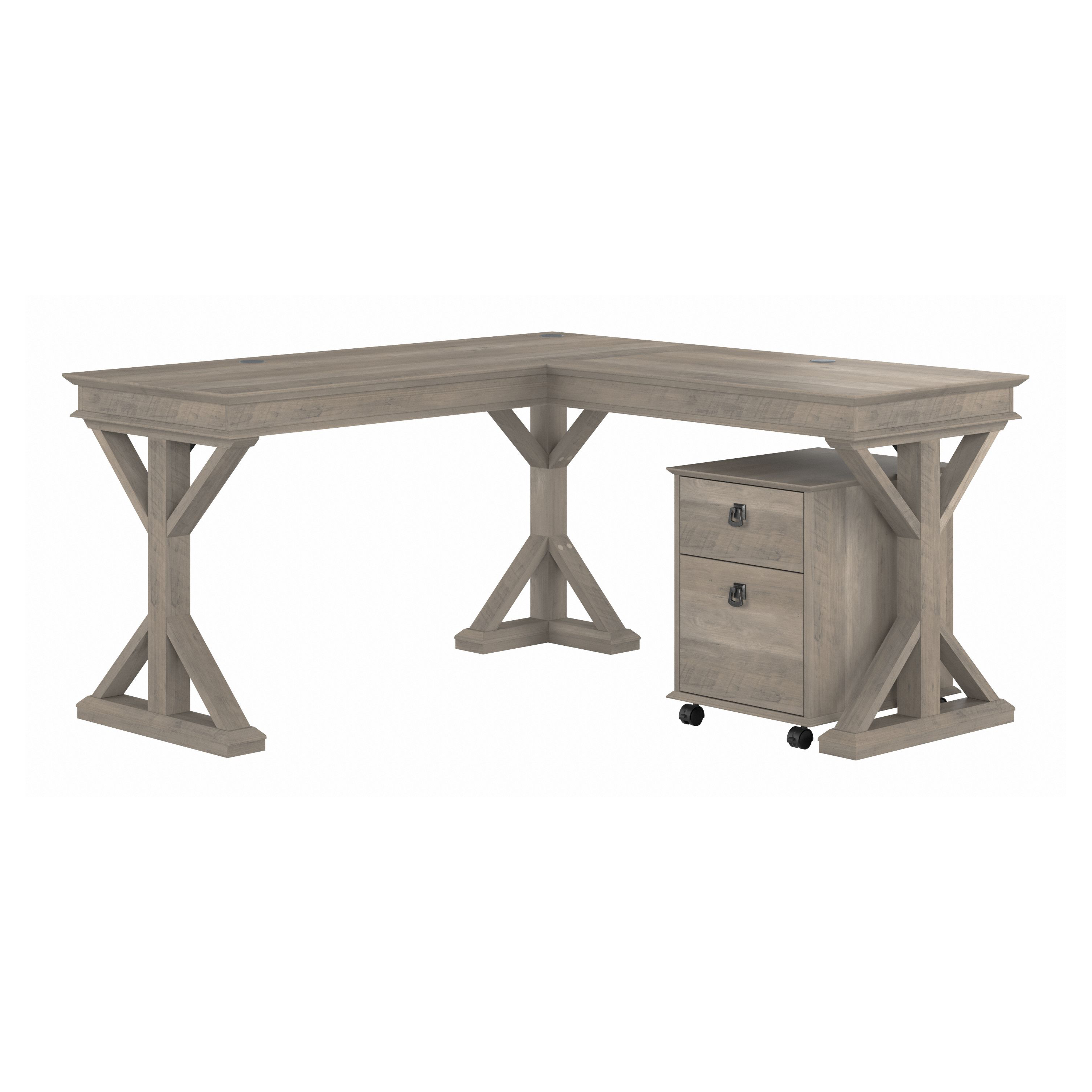 Shop Bush Furniture Homestead 60W Farmhouse L Shaped Desk with Mobile File Cabinet 02 HOT002DG #color_driftwood gray