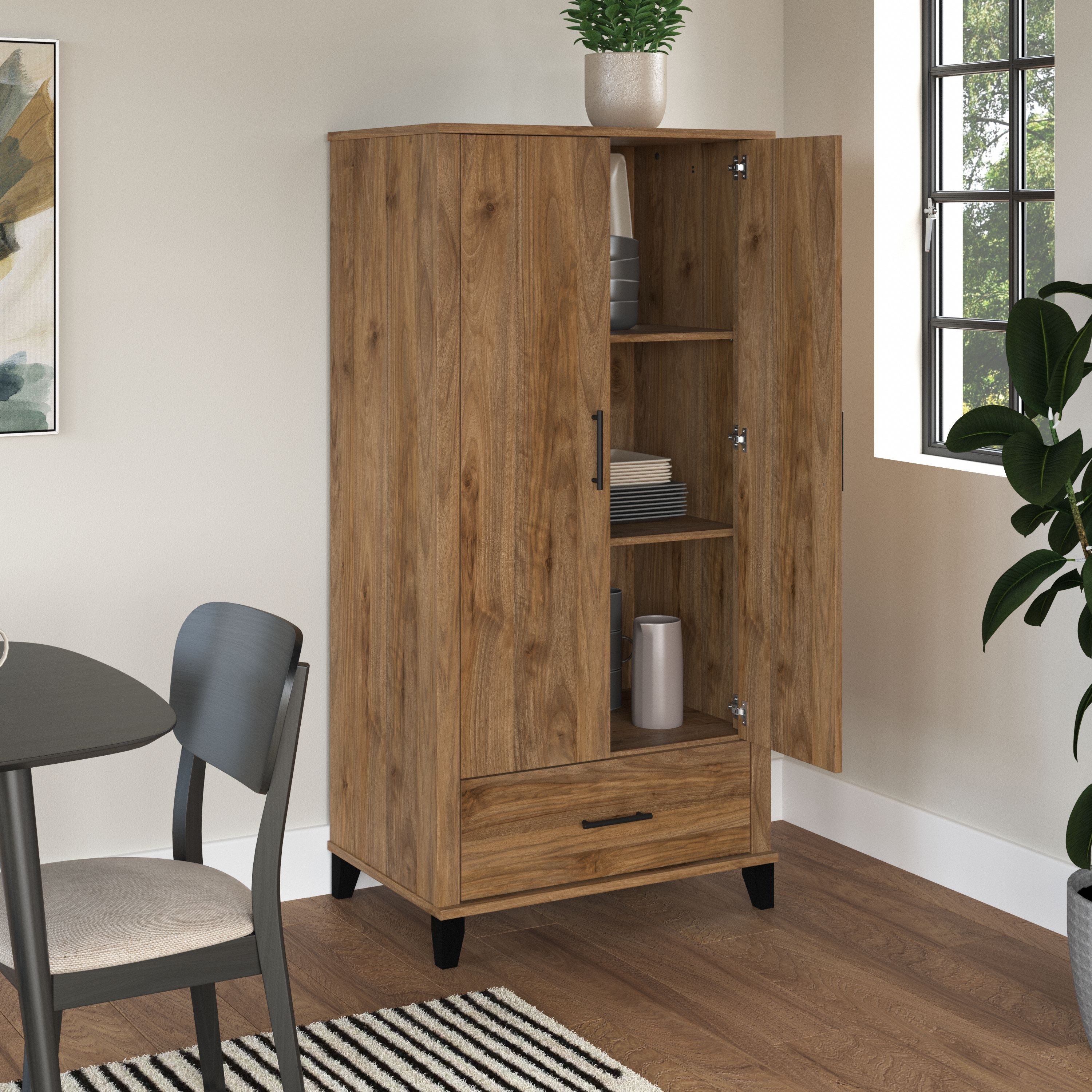Shop Bush Furniture Somerset Tall Kitchen Pantry Cabinet with Doors and Drawer 06 STS166FWK-Z #color_fresh walnut