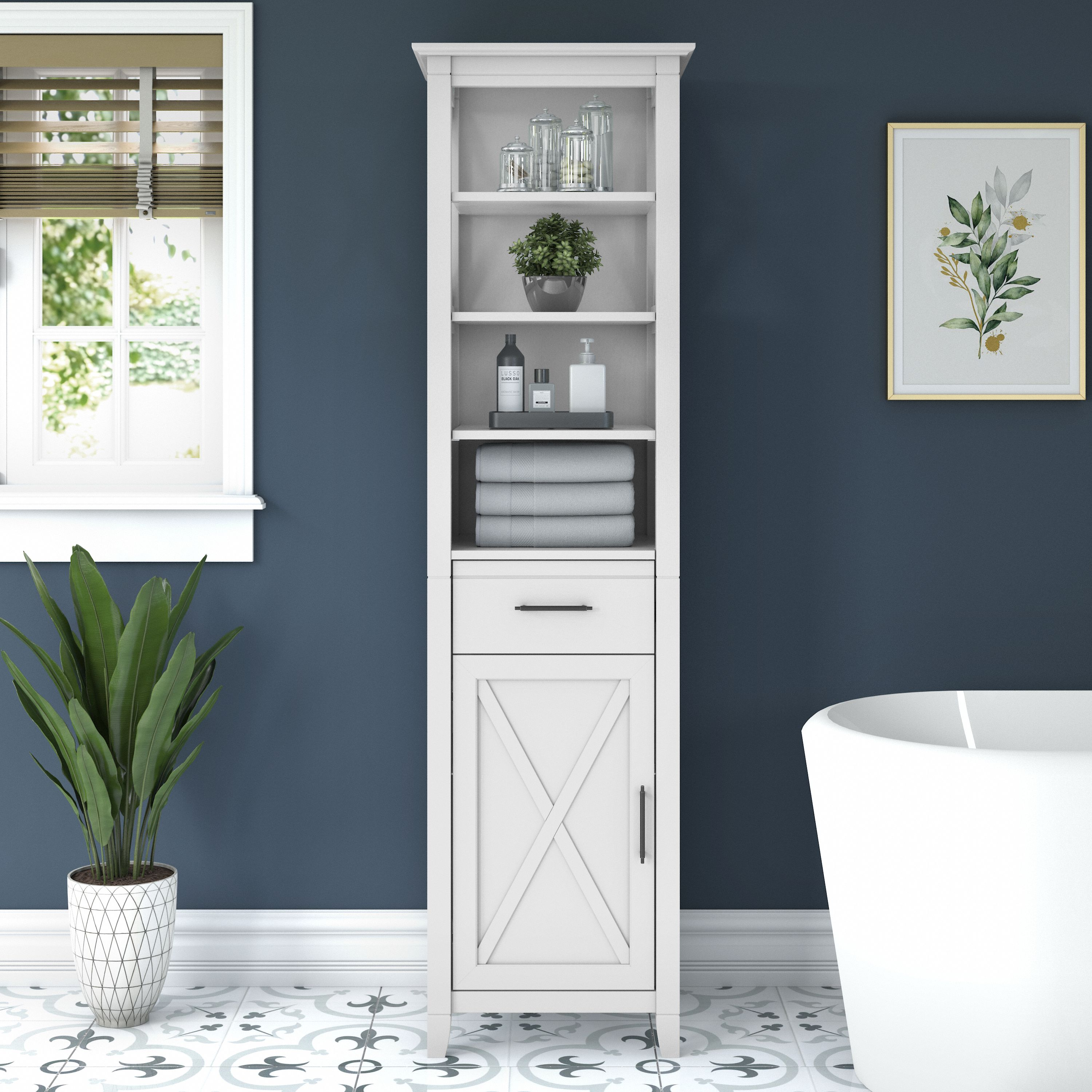 Shop Bush Furniture Key West Tall Bathroom Storage Cabinet 01 KWS168WAS-03 #color_white ash