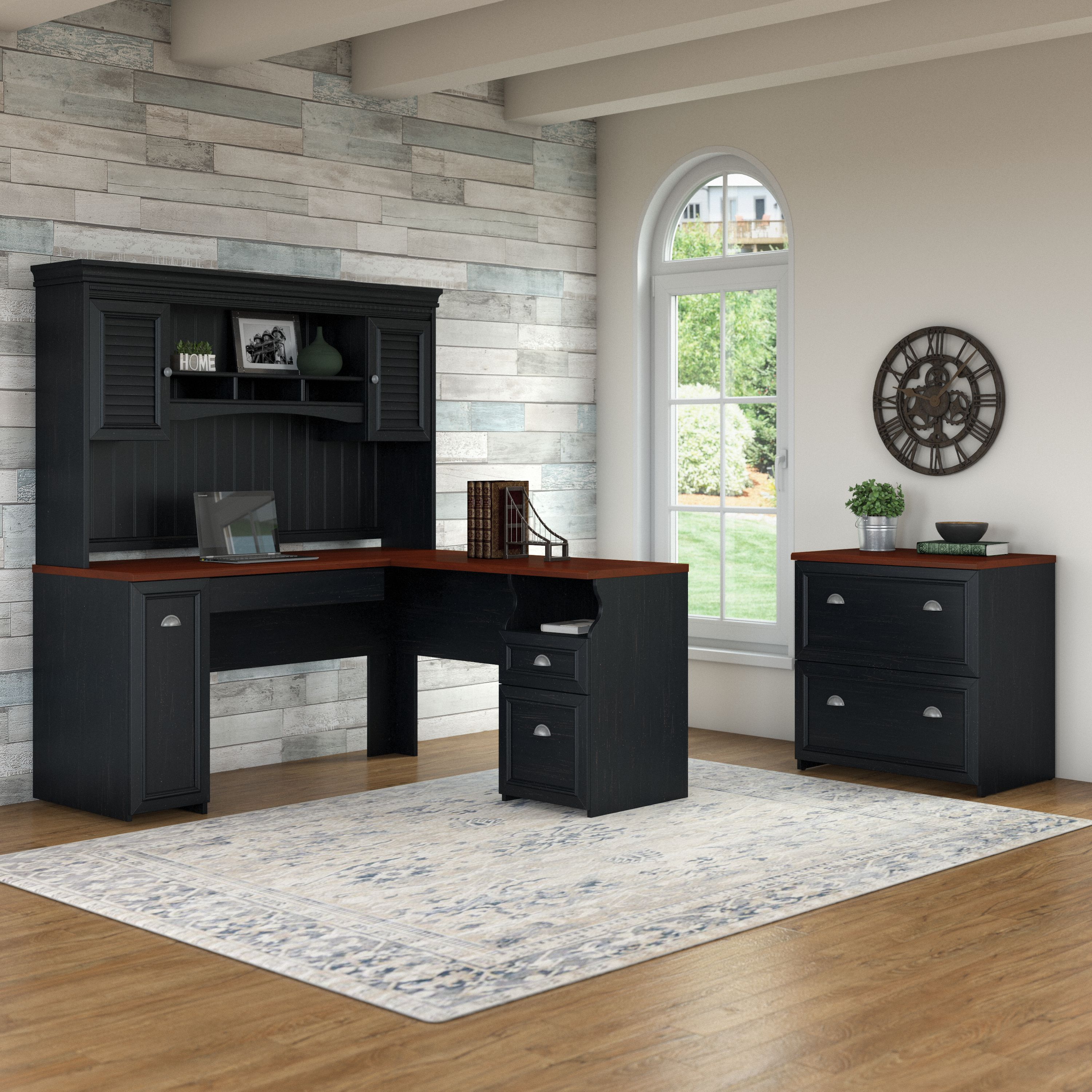 Shop Bush Furniture Fairview L Shaped Desk with Hutch and Lateral File Cabinet 01 FVW001 #color_antique black/hansen cherry
