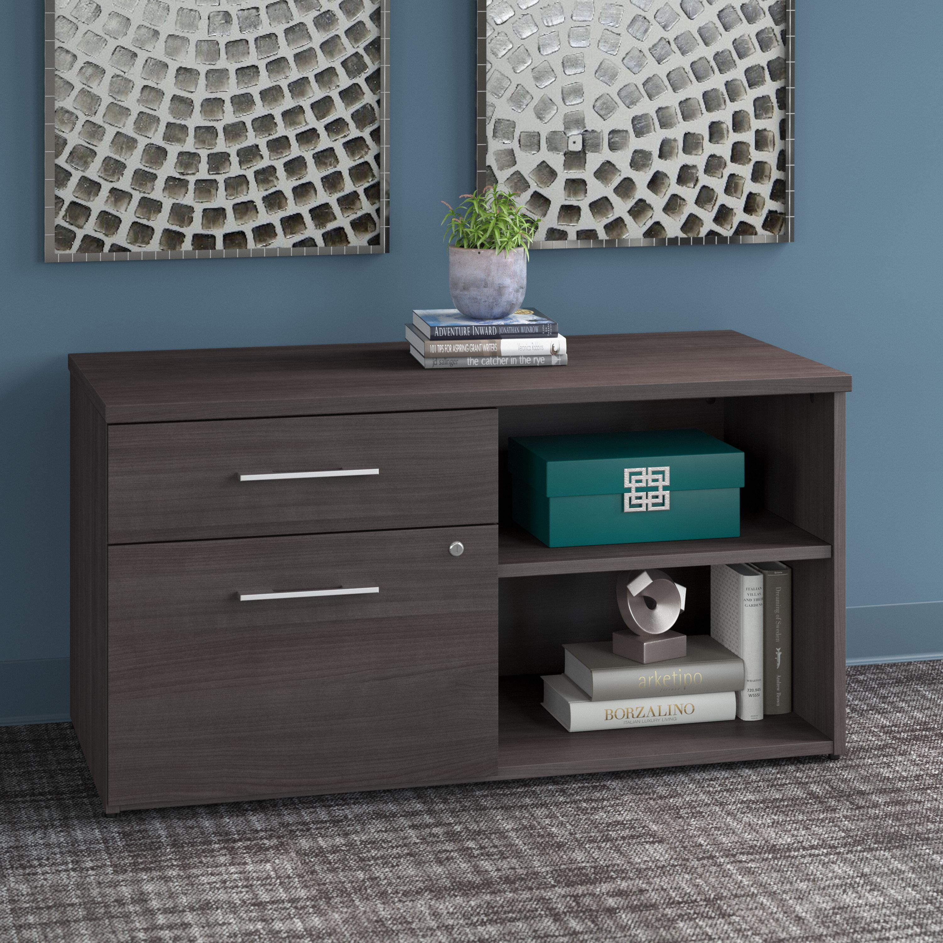 Shop Bush Business Furniture Office 500 Low Storage Cabinet with Drawers and Shelves 01 OFS145SG #color_storm gray