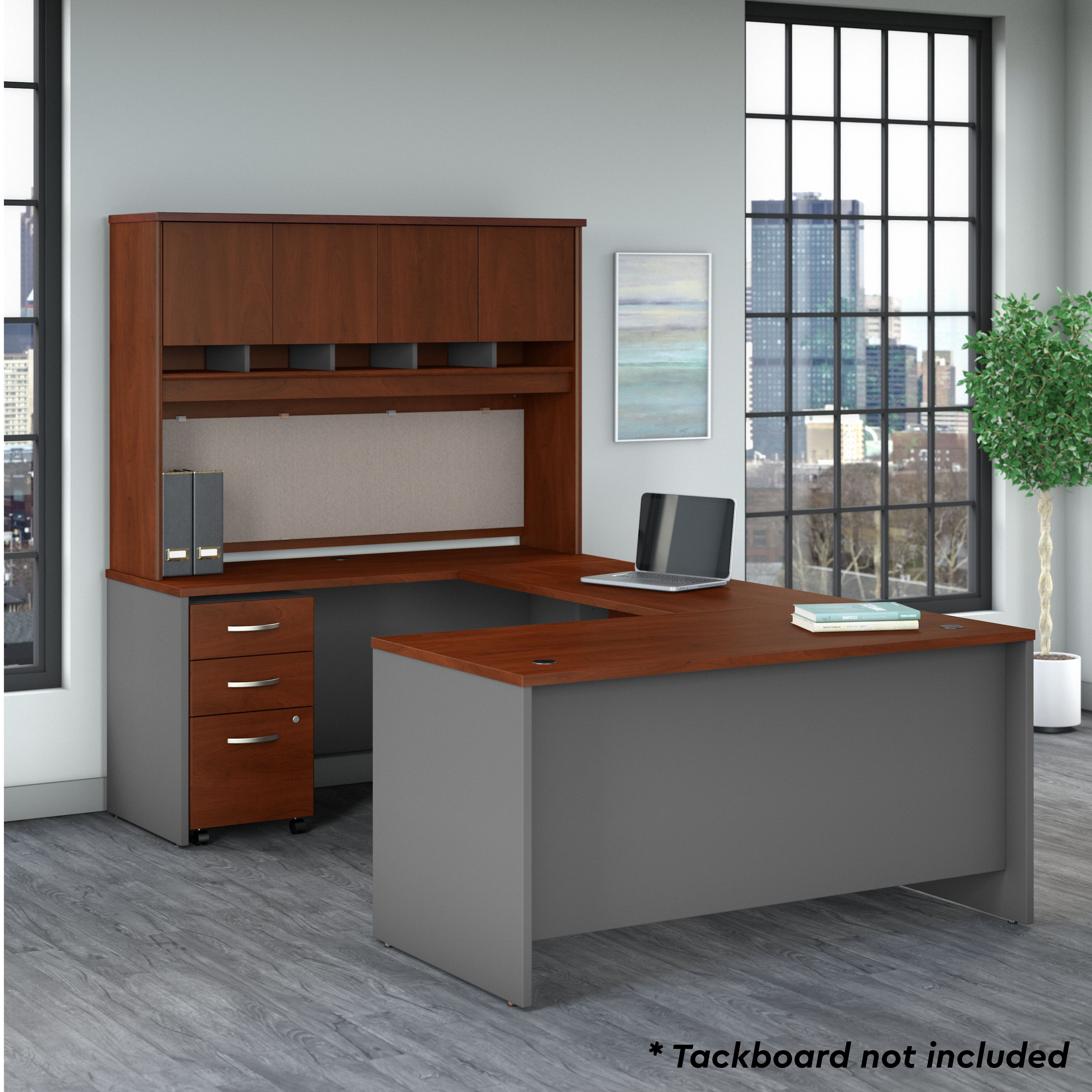 Shop Bush Business Furniture Series C 60W U Shaped Desk with Hutch and Mobile File Cabinet 01 SRC149HCSU #color_hansen cherry/graphite gray