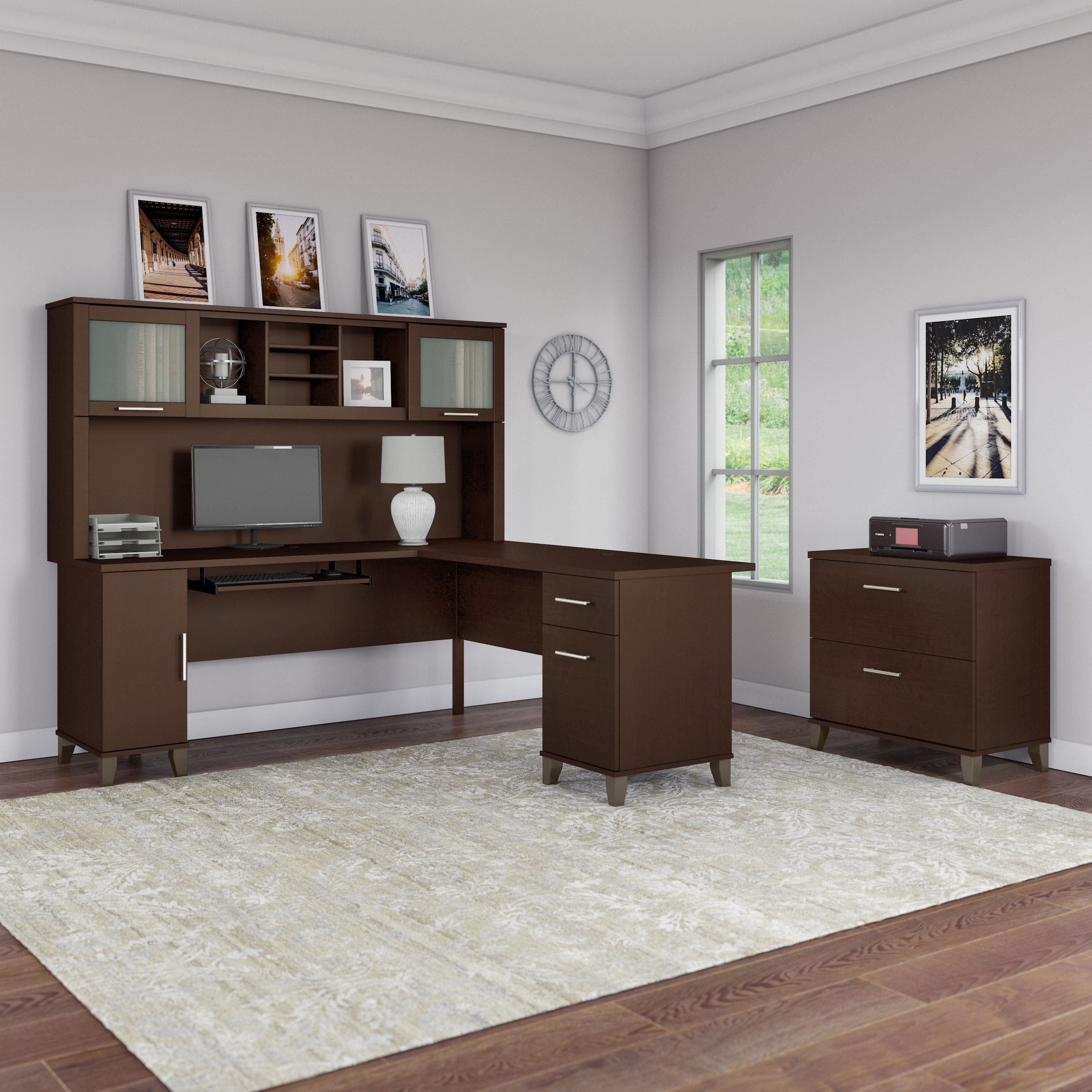 Shop Bush Furniture Somerset 72W L Shaped Desk with Hutch and Lateral File Cabinet 01 SET009MR #color_mocha cherry