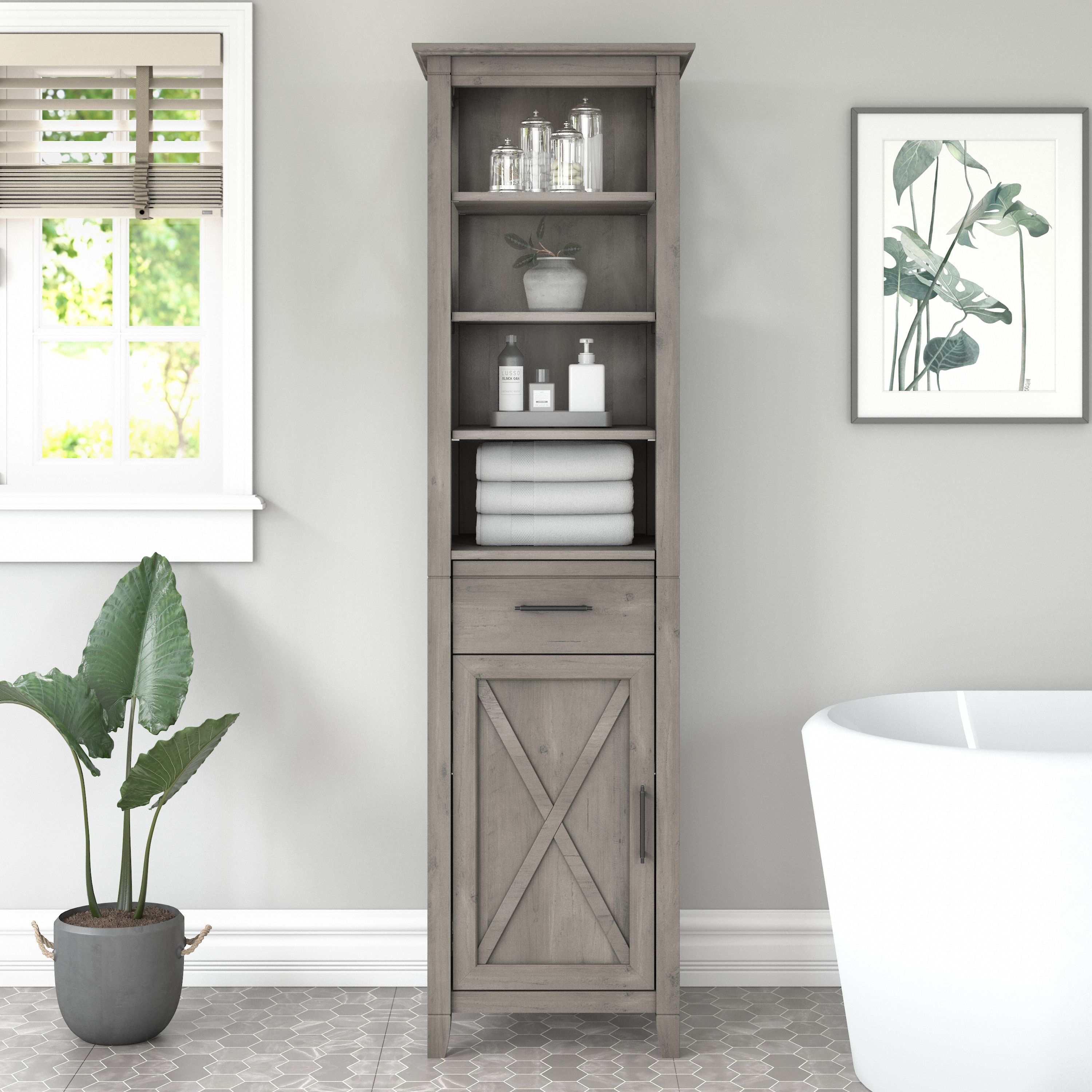 Shop Bush Furniture Key West Tall Bathroom Storage Cabinet 01 KWS168DG-03 #color_driftwood gray