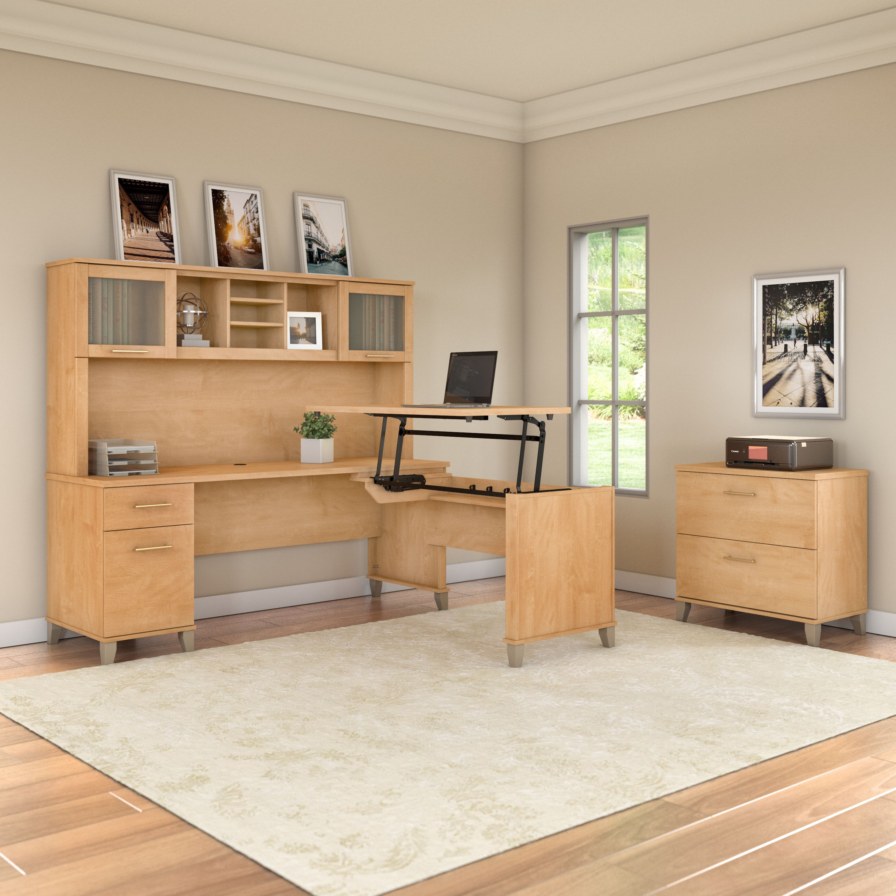 Shop Bush Furniture Somerset 72W 3 Position Sit to Stand L Shaped Desk with Hutch and File Cabinet 01 SET016MC #color_maple cross
