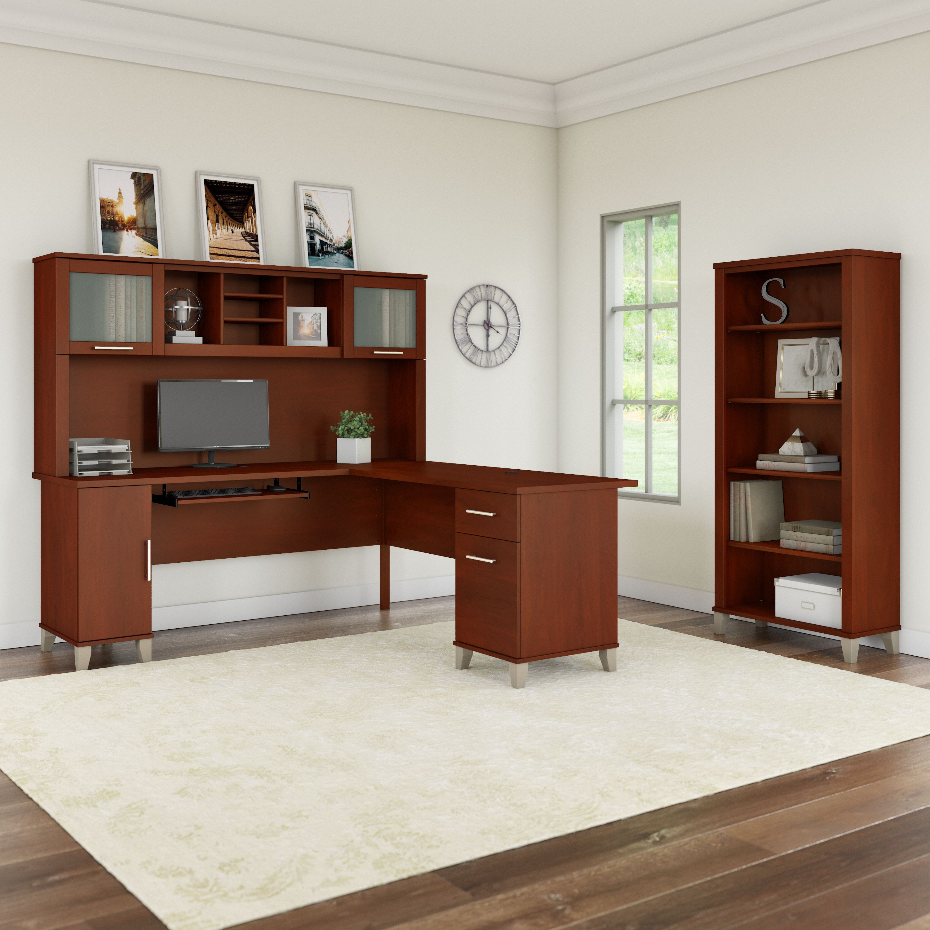 Shop Bush Furniture Somerset 72W L Shaped Desk with Hutch and 5 Shelf Bookcase 01 SET011HC #color_hansen cherry