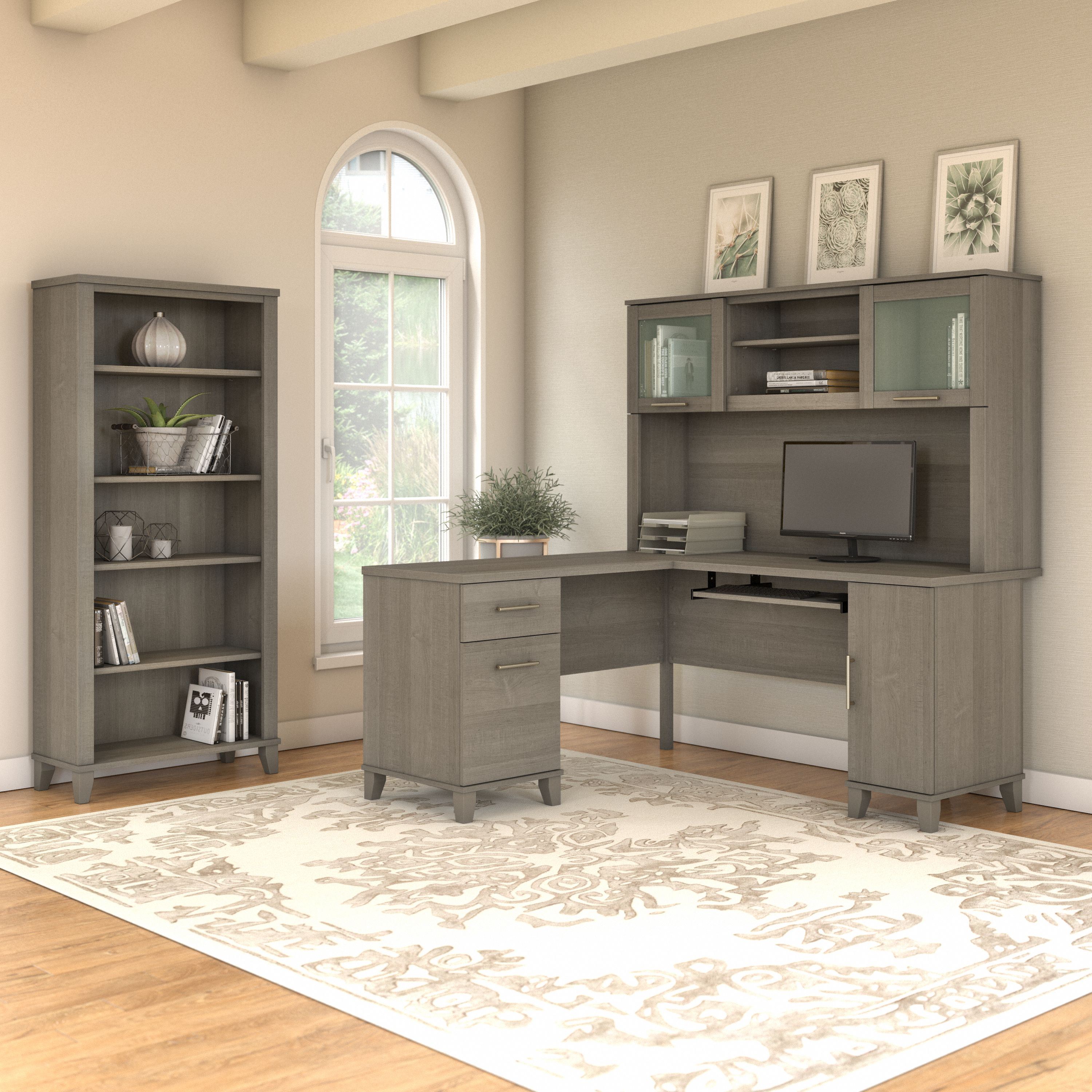 Shop Bush Furniture Somerset 60W L Shaped Desk with Hutch and 5 Shelf Bookcase 01 SET010AG #color_ash gray