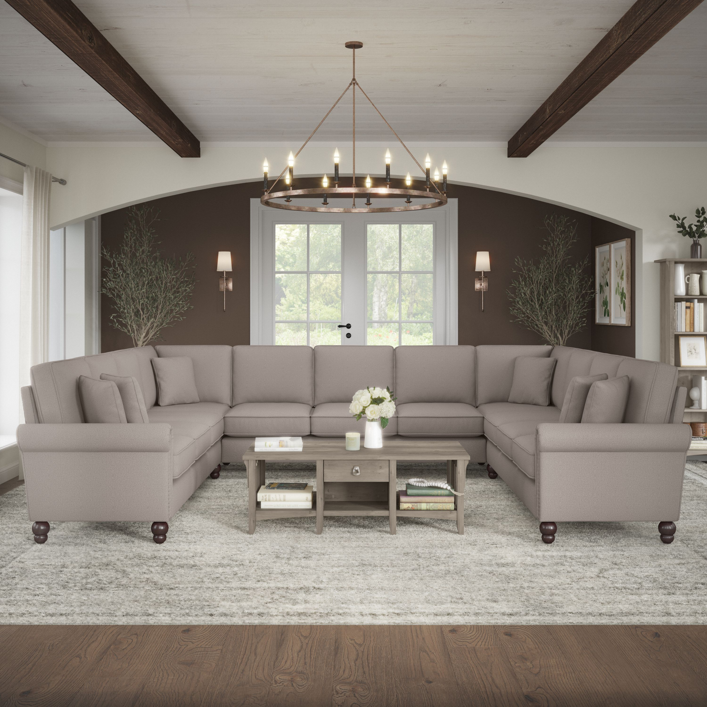 Shop Bush Furniture Coventry 137W U Shaped Sectional Couch 01 CVY135BBGH-03K #color_beige herringbone fabric