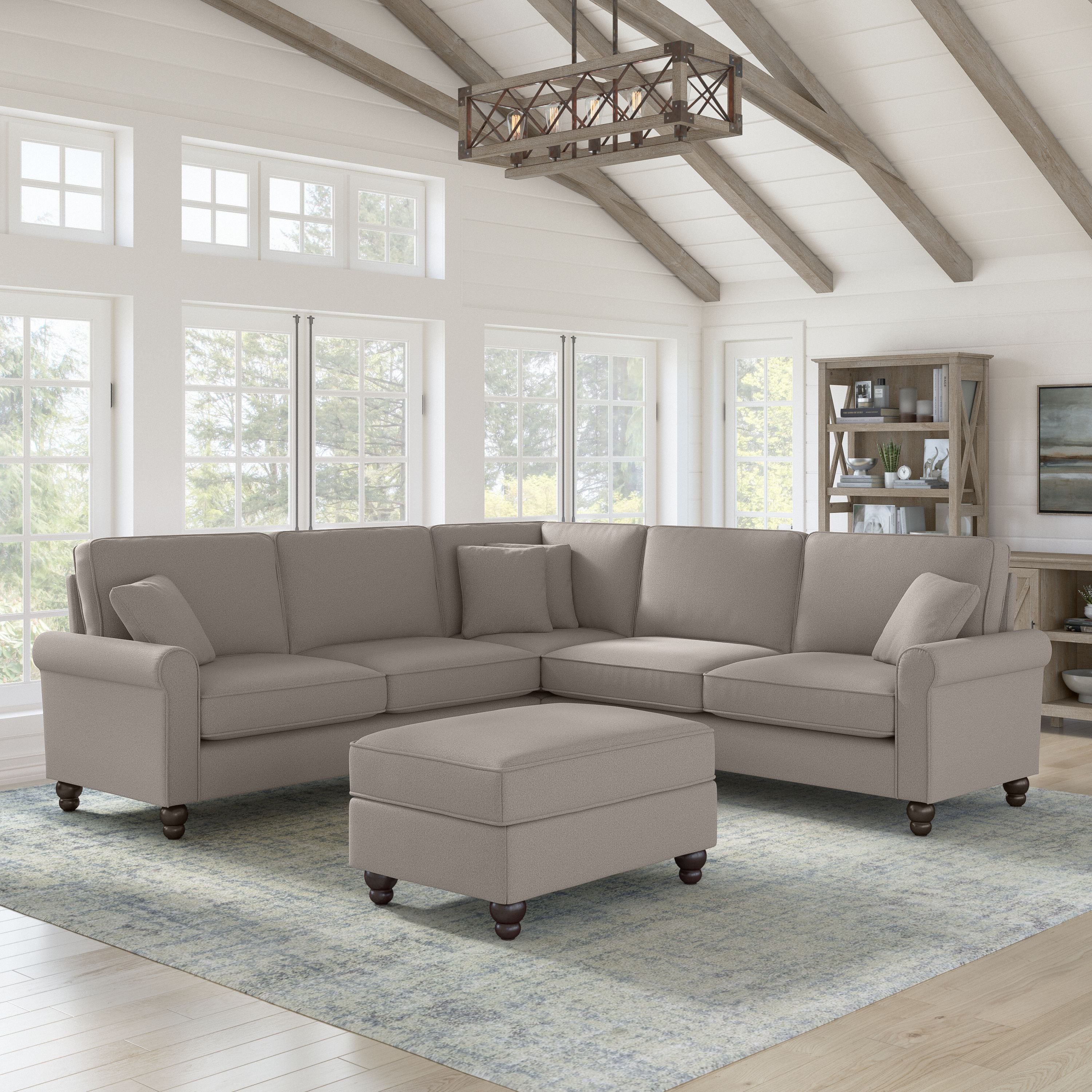 Shop Bush Furniture Hudson 99W L Shaped Sectional Couch with Ottoman 01 HDN003BGH #color_beige herringbone fabric