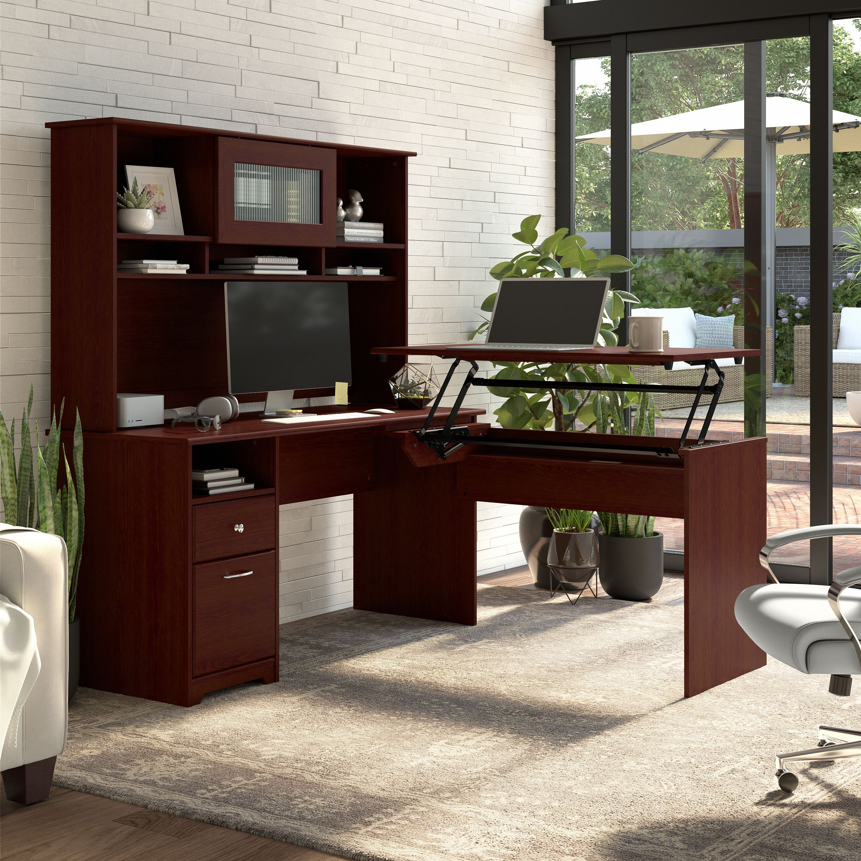 Shop Bush Furniture Cabot 60W 3 Position Sit to Stand L Shaped Desk with Hutch 01 CAB045HVC #color_harvest cherry