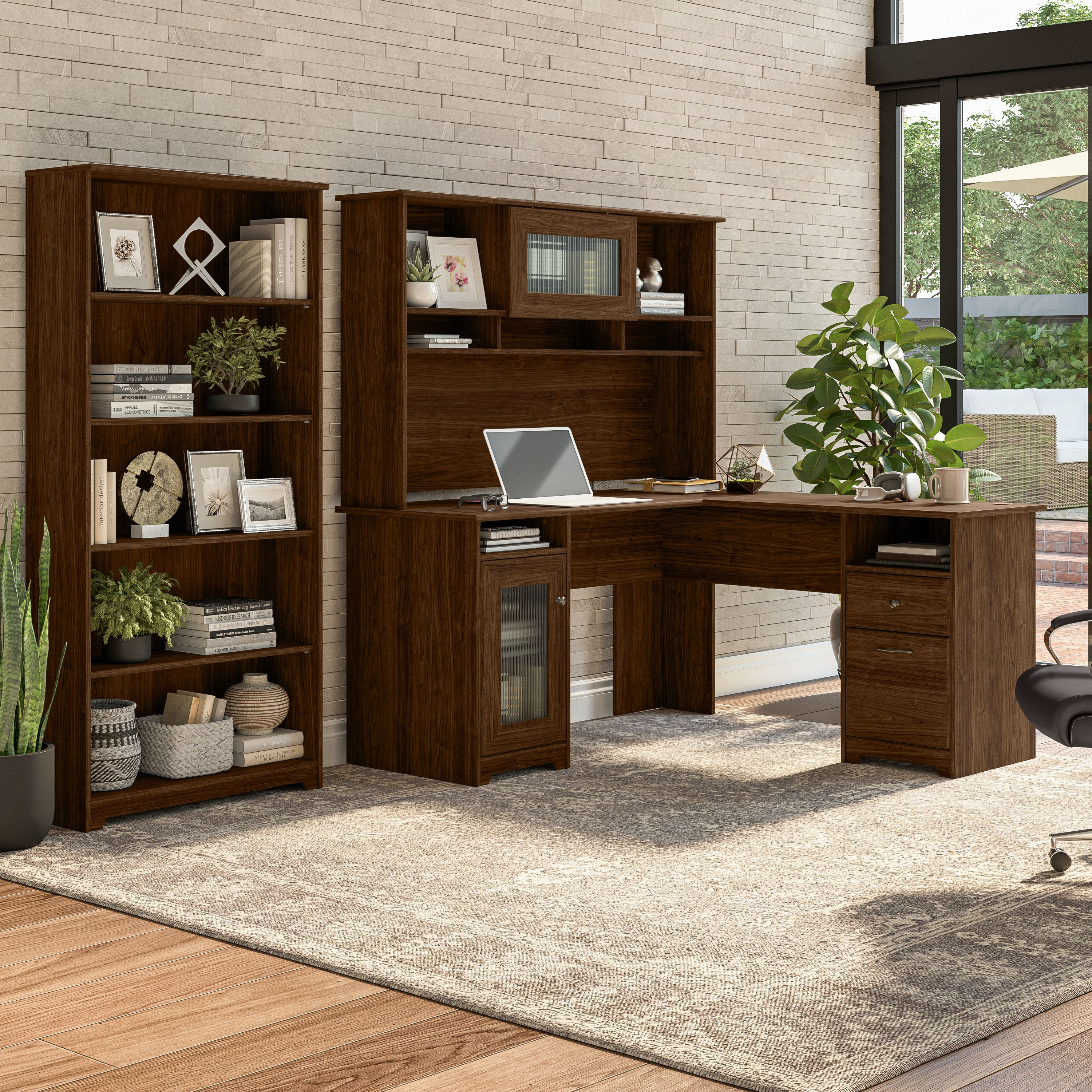Shop Bush Furniture Cabot 60W L Shaped Computer Desk with Hutch and 5 Shelf Bookcase 01 CAB011MW #color_modern walnut