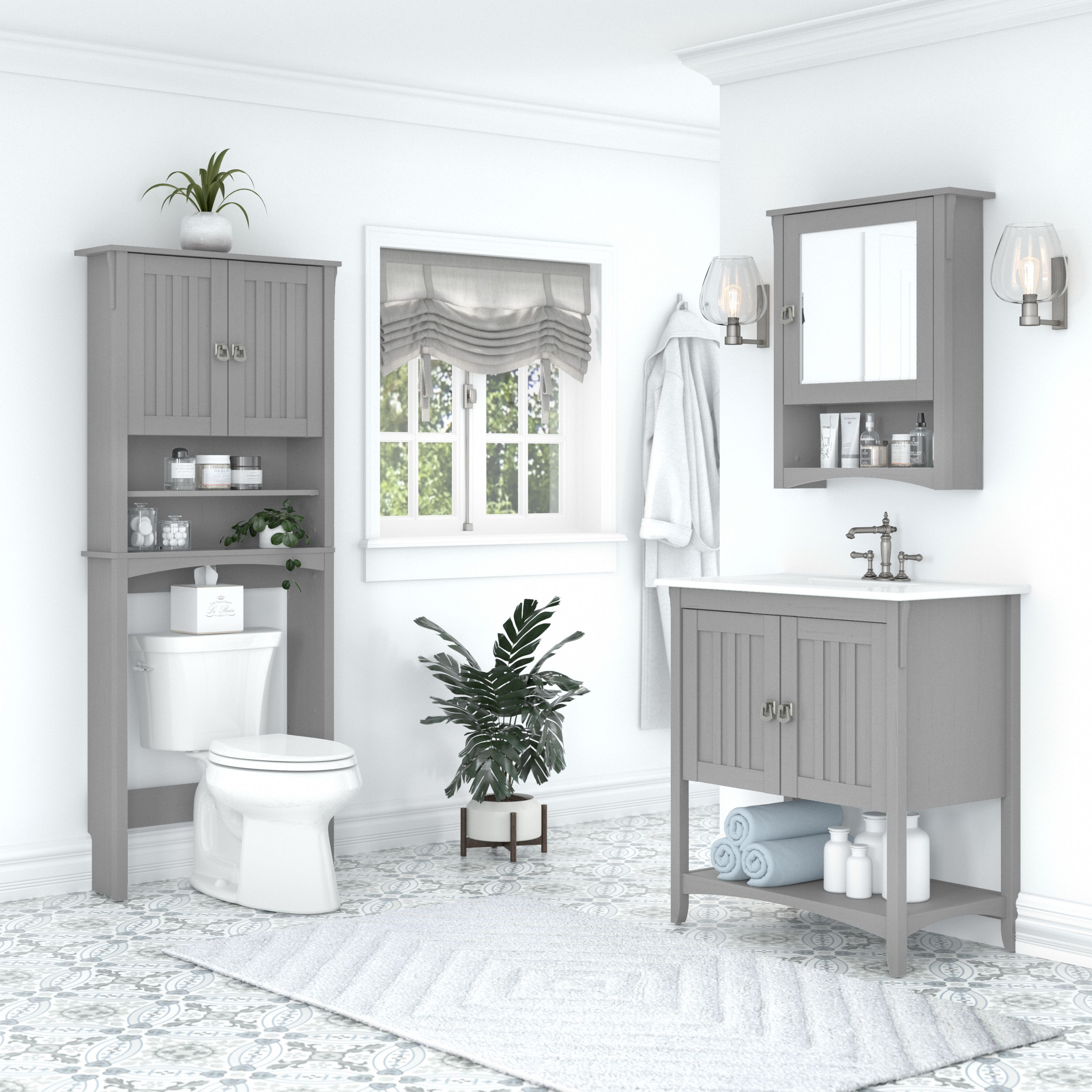 Shop Bush Furniture Salinas 32W Bathroom Vanity Sink with Mirror and Over The Toilet Storage Cabinet 01 SAL023CG #color_cape cod gray