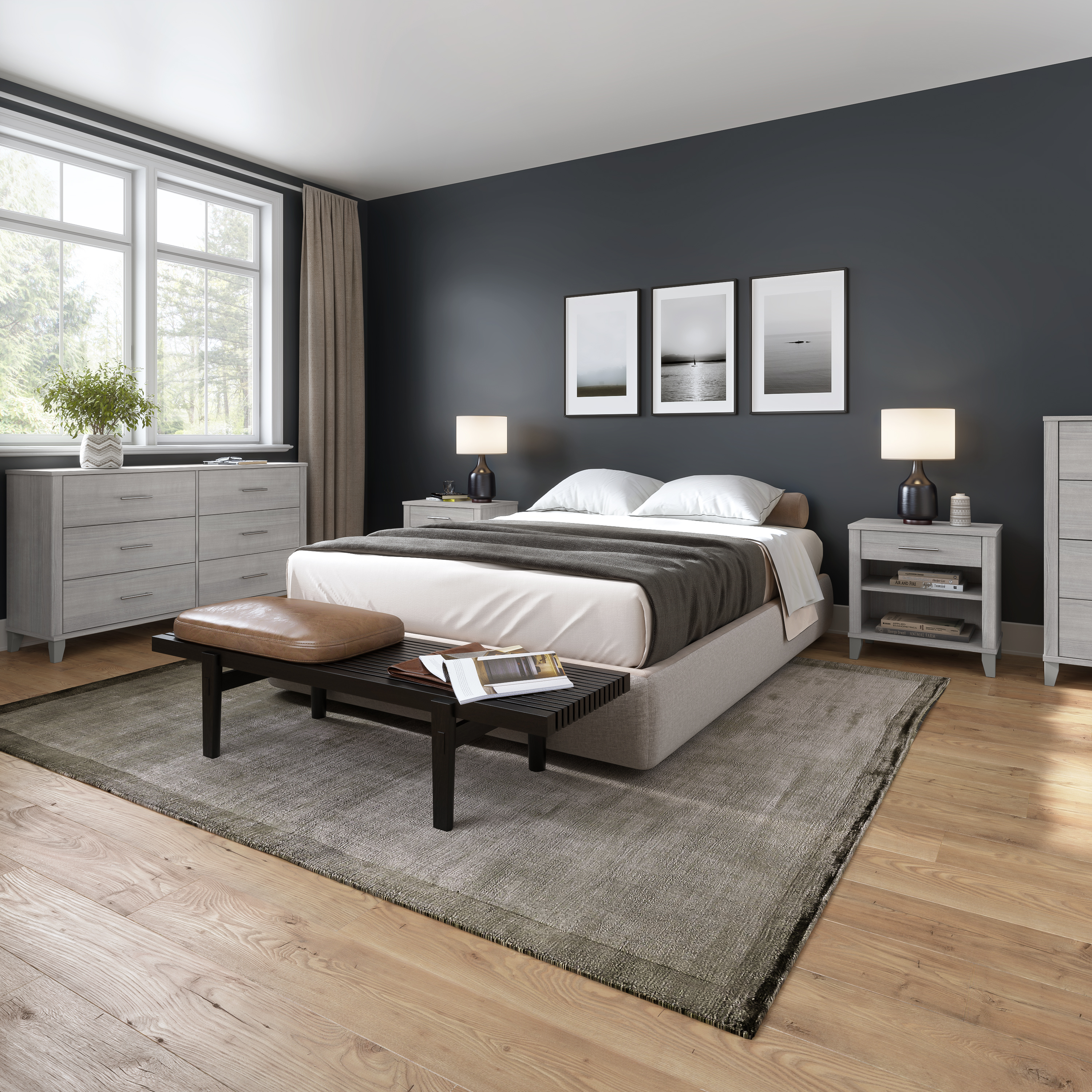 Shop Bush Furniture Somerset Full/Queen Size Headboard, Dresser and Nightstand Bedroom Set 09 SET003PG #color_platinum gray