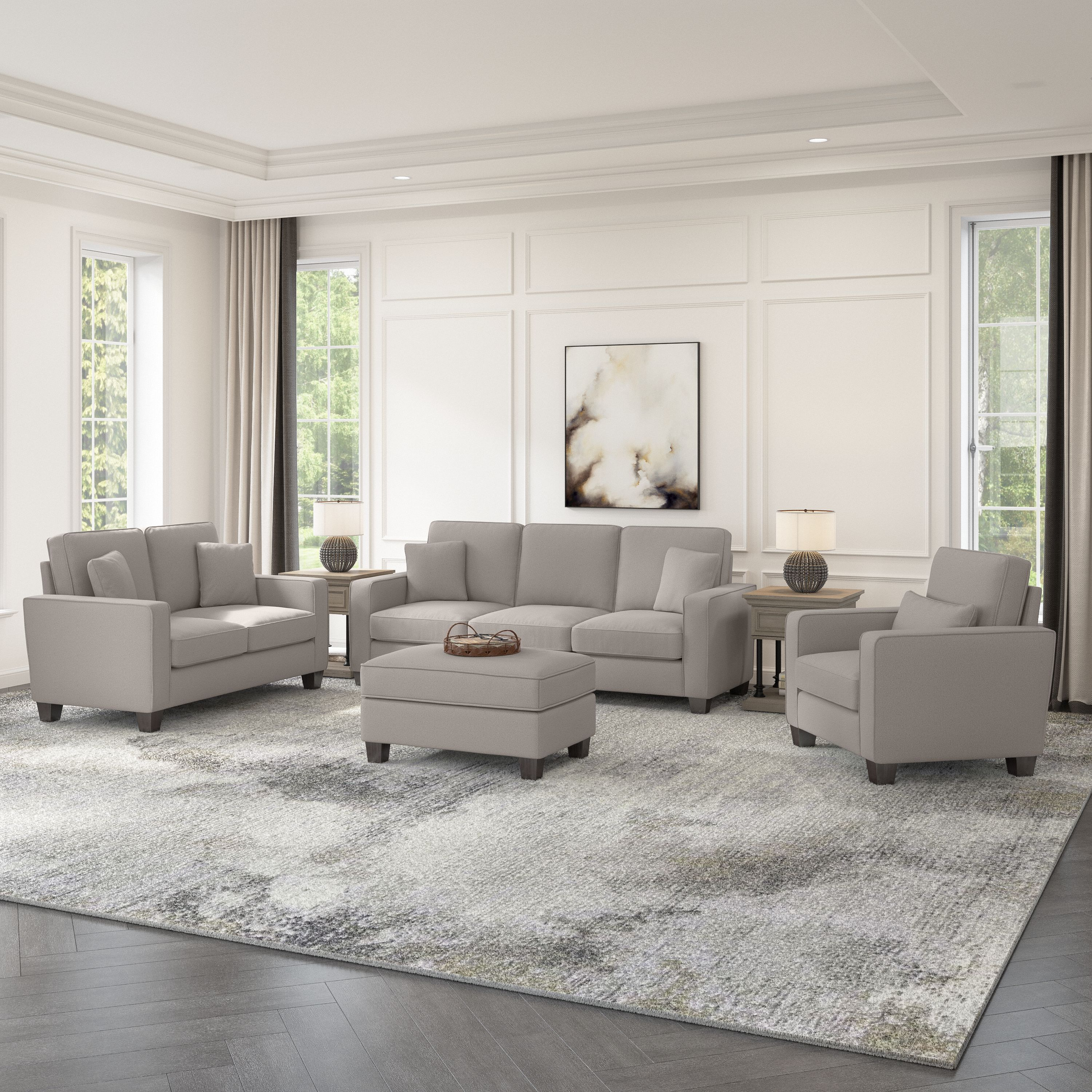 Shop Bush Furniture Stockton 85W Sofa with Loveseat, Accent Chair, and Ottoman 01 SKT020BGH #color_beige herringbone fabric