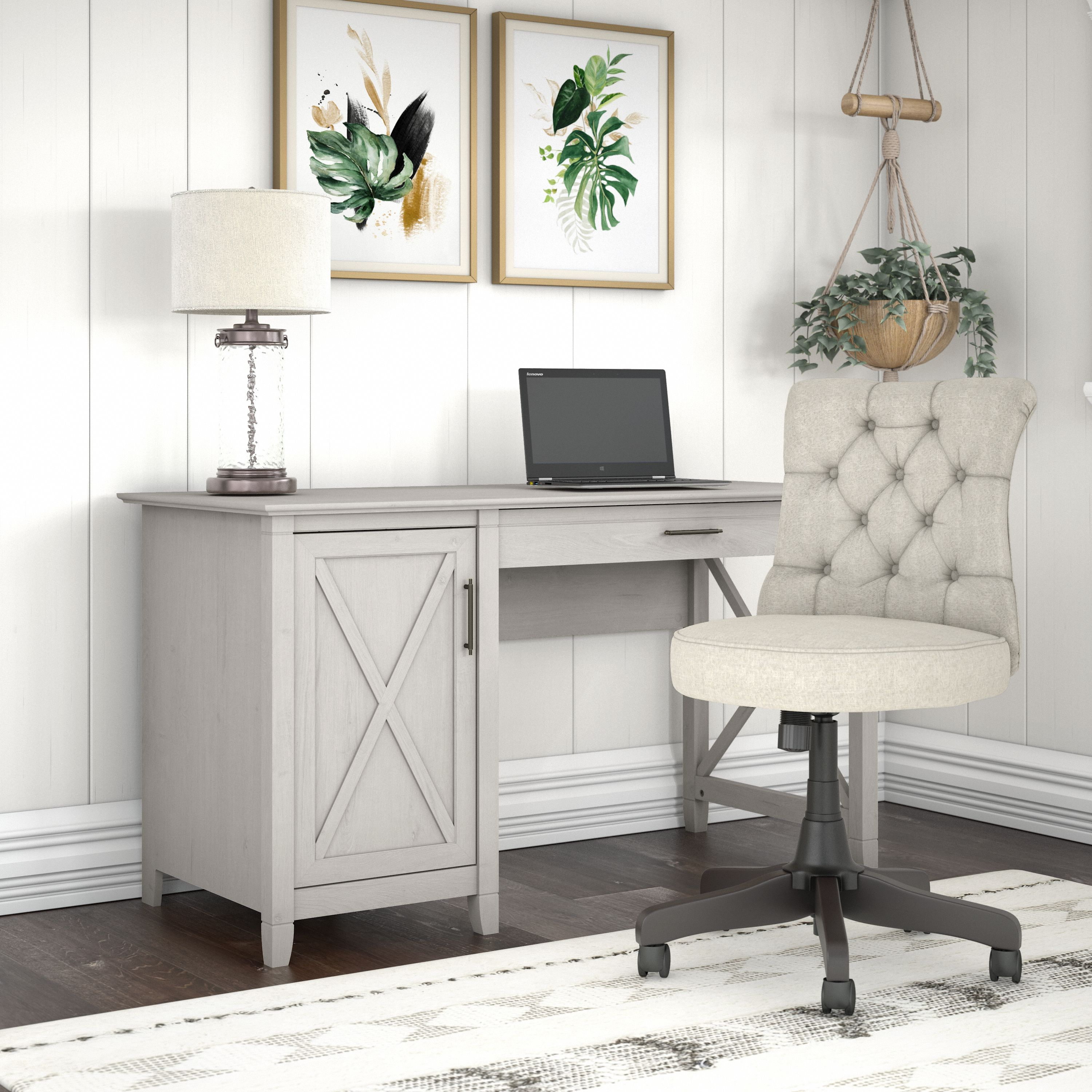 Shop Bush Furniture Key West 54W Computer Desk with Storage and Mid Back Tufted Office Chair 01 KWS020LW #color_linen white oak