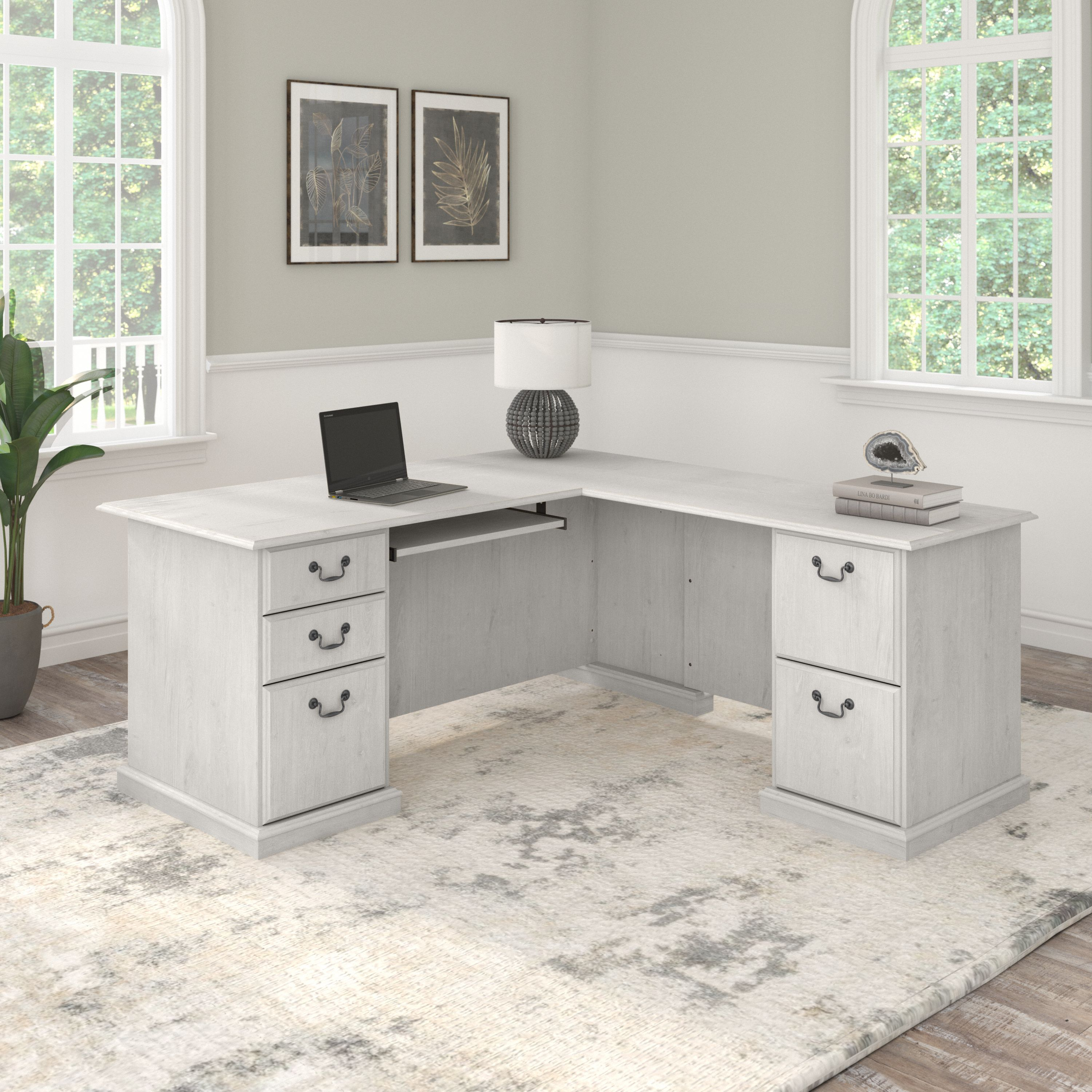 Shop Bush Furniture Saratoga L Shaped Computer Desk with Drawers 01 EX45770-03K #color_linen white oak