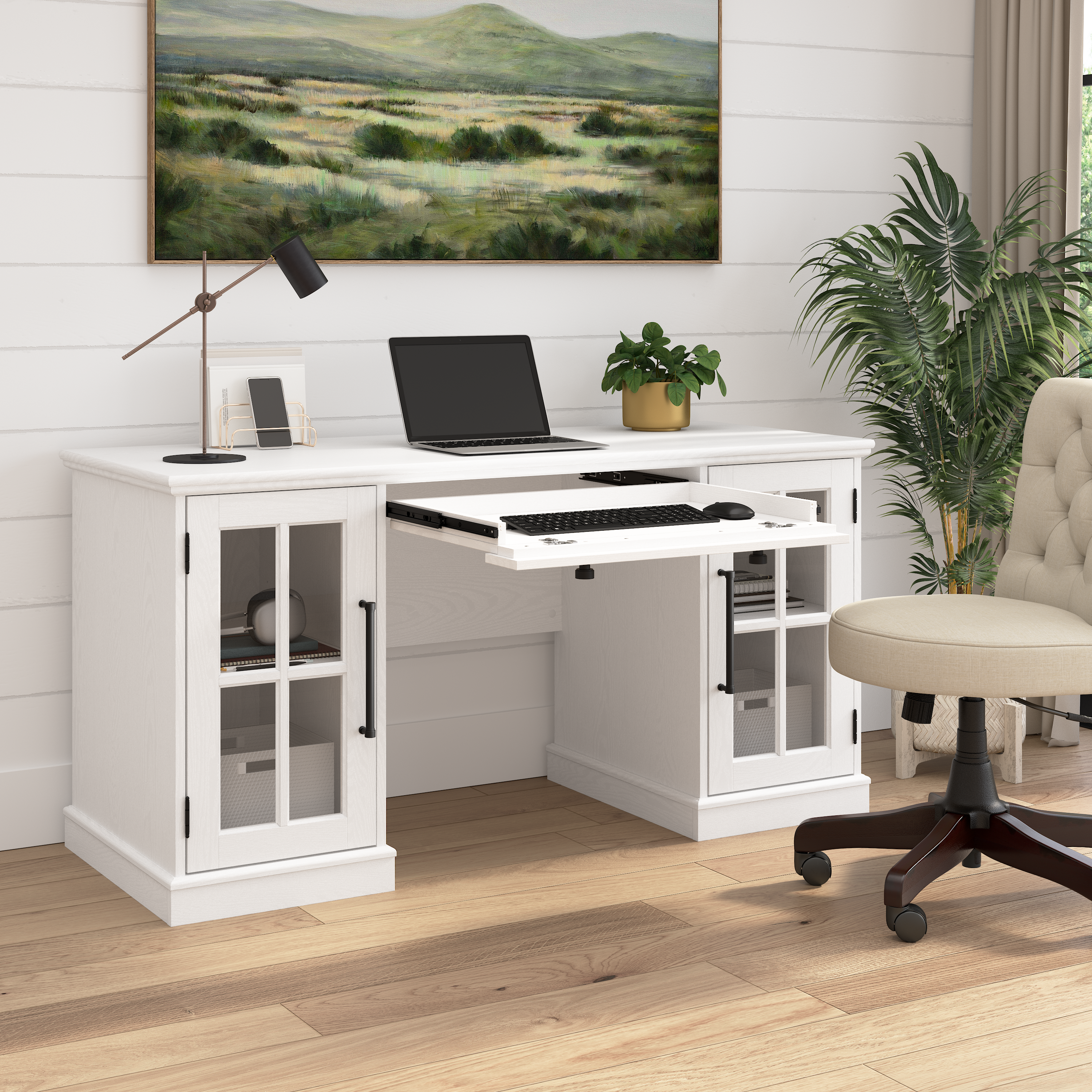 Shop Bush Furniture Westbrook 60W Computer Desk with Storage and Keyboard Tray 06 WBD160WAS-03K #color_white ash