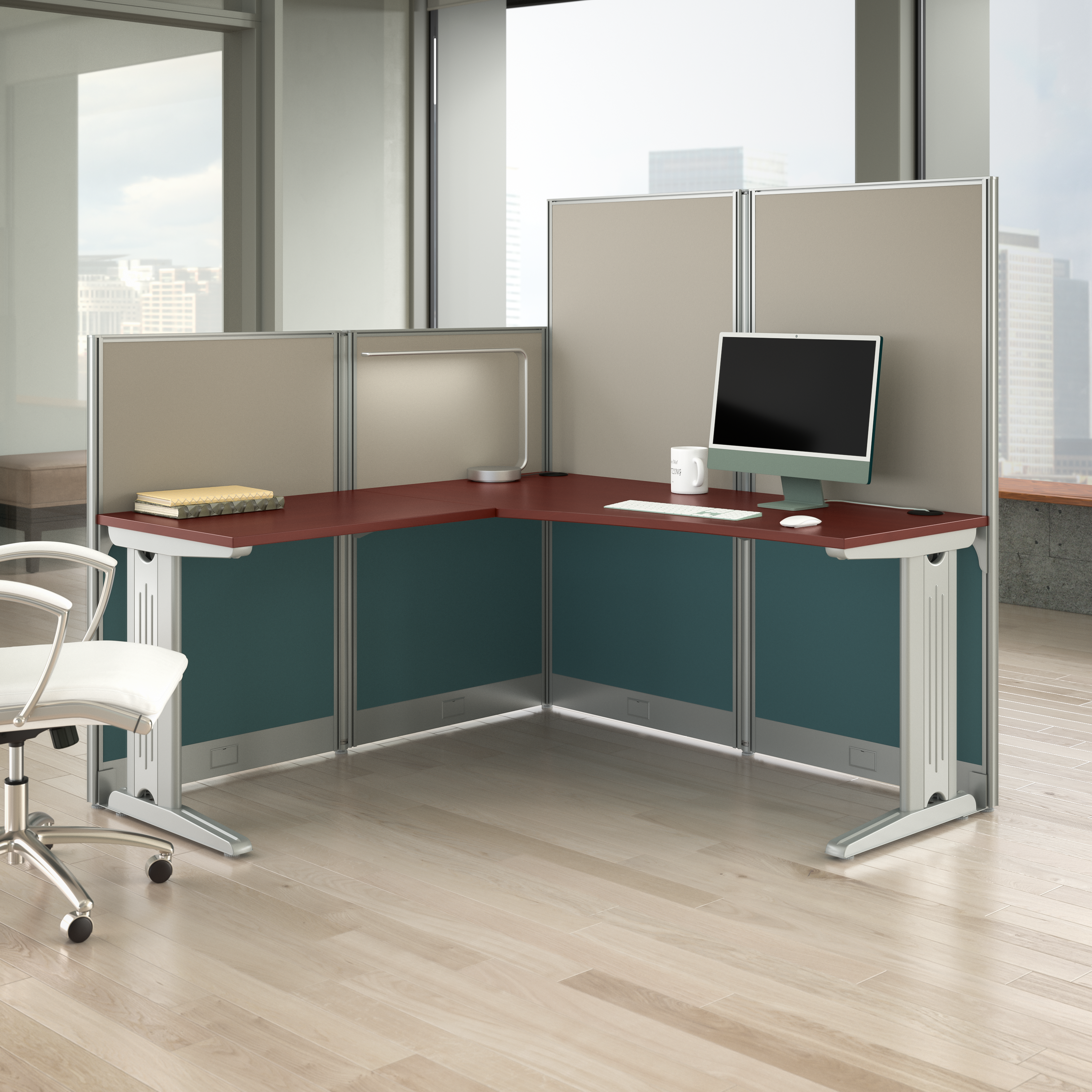 Shop Bush Business Furniture Office in an Hour 65W x 65D L Shaped Cubicle Desk 01 WC36494-03K #color_hansen cherry