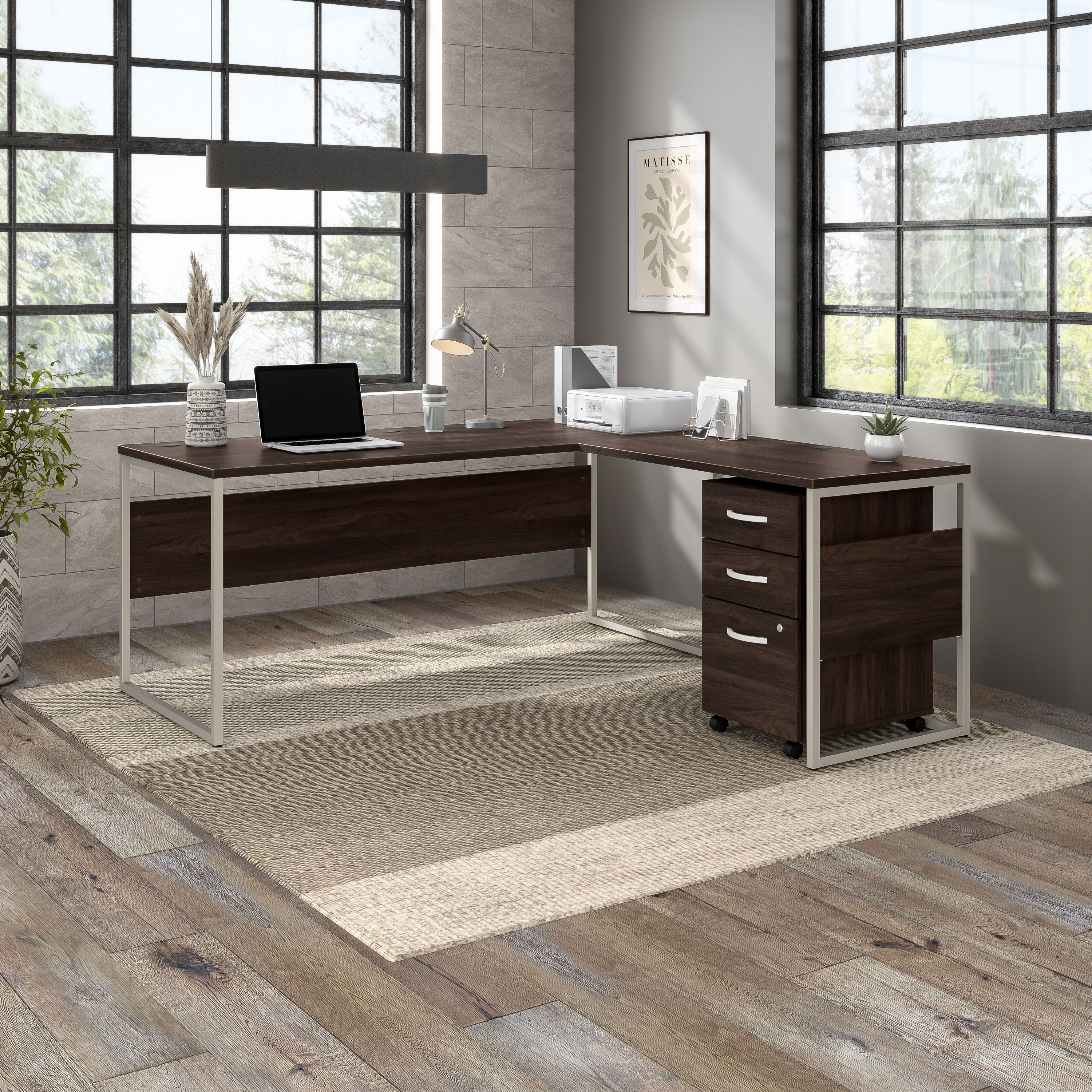 Shop Bush Business Furniture Hybrid 72W x 30D L Shaped Table Desk with Mobile File Cabinet 01 HYB028BWSU #color_black walnut