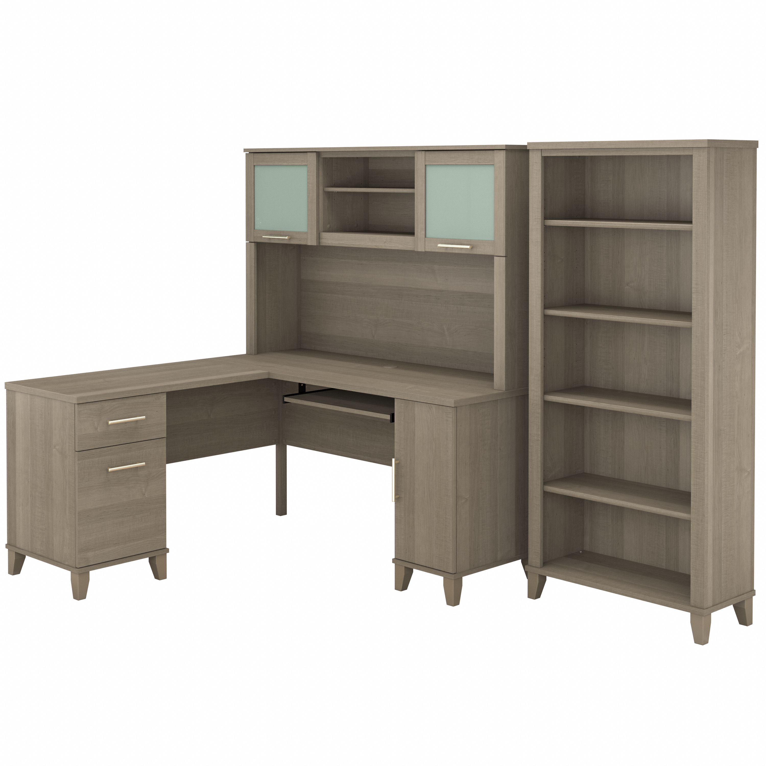 Shop Bush Furniture Somerset 60W L Shaped Desk with Hutch and 5 Shelf Bookcase 02 SET010AG #color_ash gray