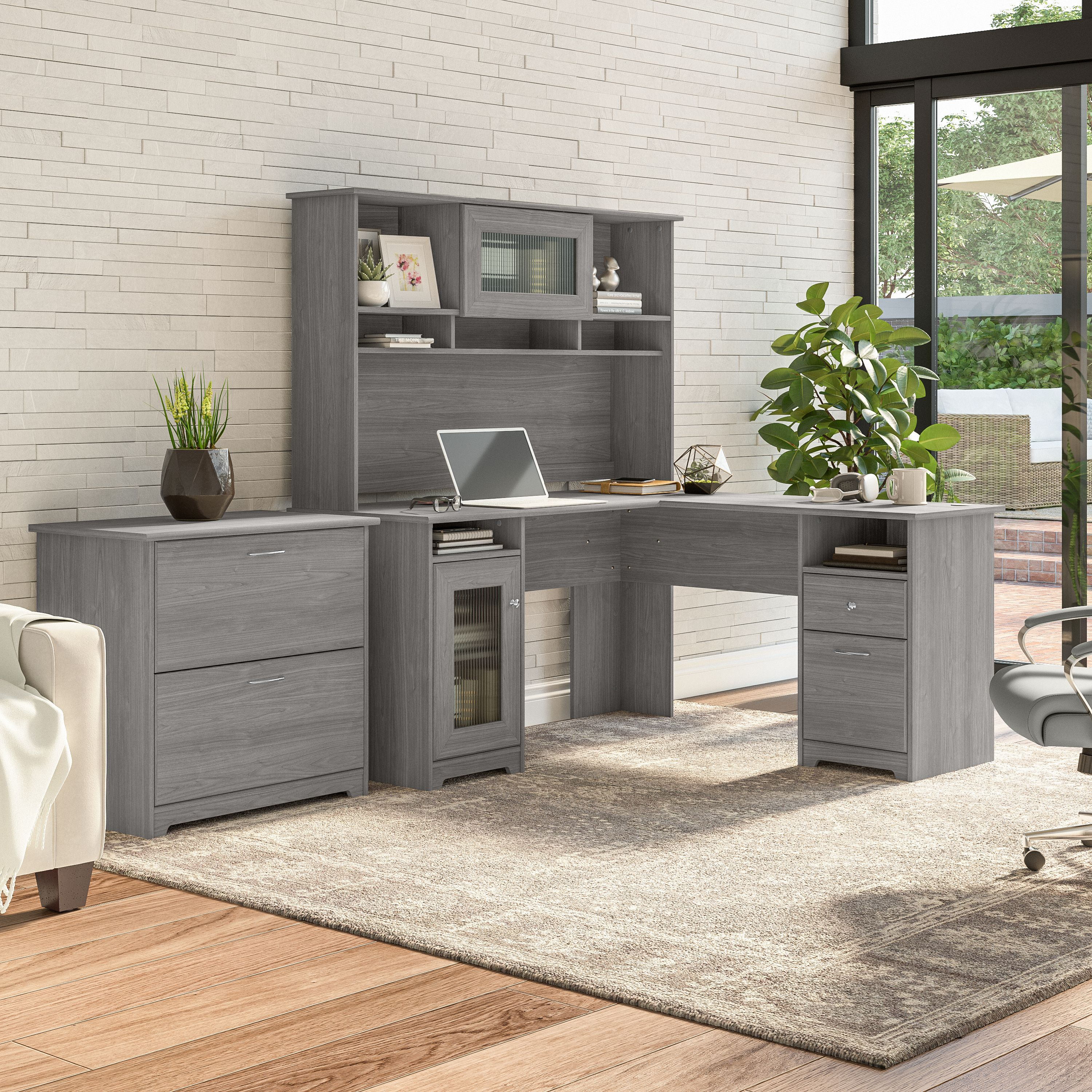 Shop Bush Furniture Cabot 60W L Shaped Computer Desk with Hutch and Lateral File Cabinet 01 CAB005MG #color_modern gray
