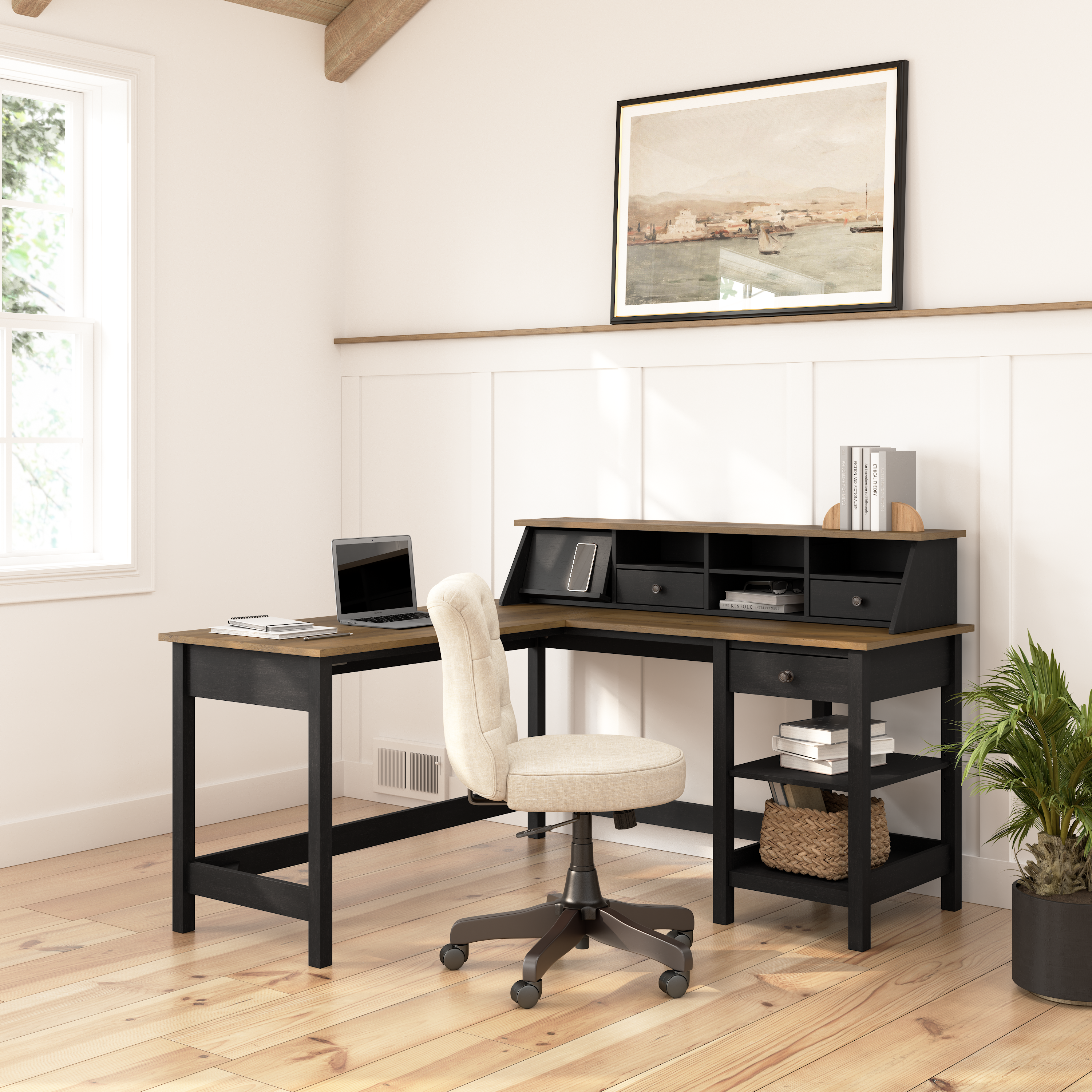 Shop Bush Furniture Mayfield 60W L Shaped Computer Desk with Desktop Organizer 01 MAY012V2P #color_vintage black/reclaimed pine