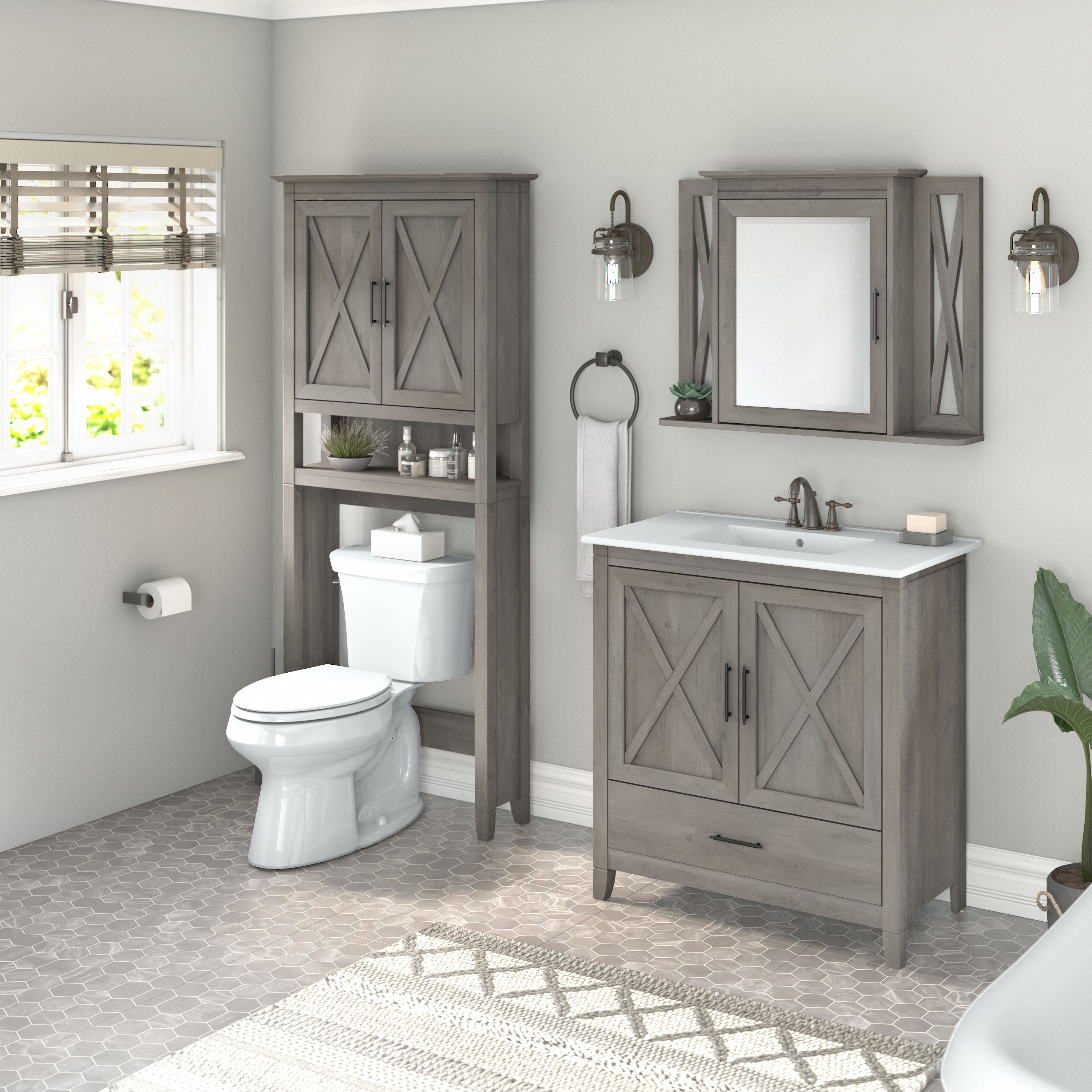 Shop Bush Furniture Key West 32W Bathroom Vanity Sink with Mirror and Over The Toilet Storage Cabinet 01 KWS032DG #color_driftwood gray