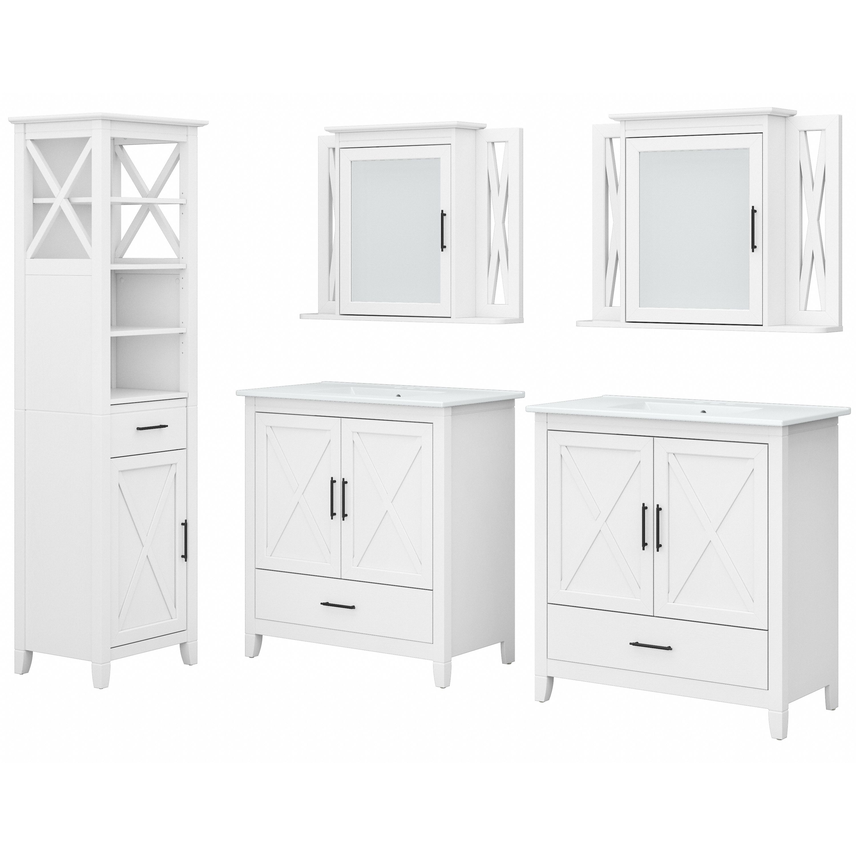 Shop Bush Furniture Key West 64W Double Vanity Set with Sinks, Medicine Cabinets and Linen Tower 02 KWS044WAS #color_white ash