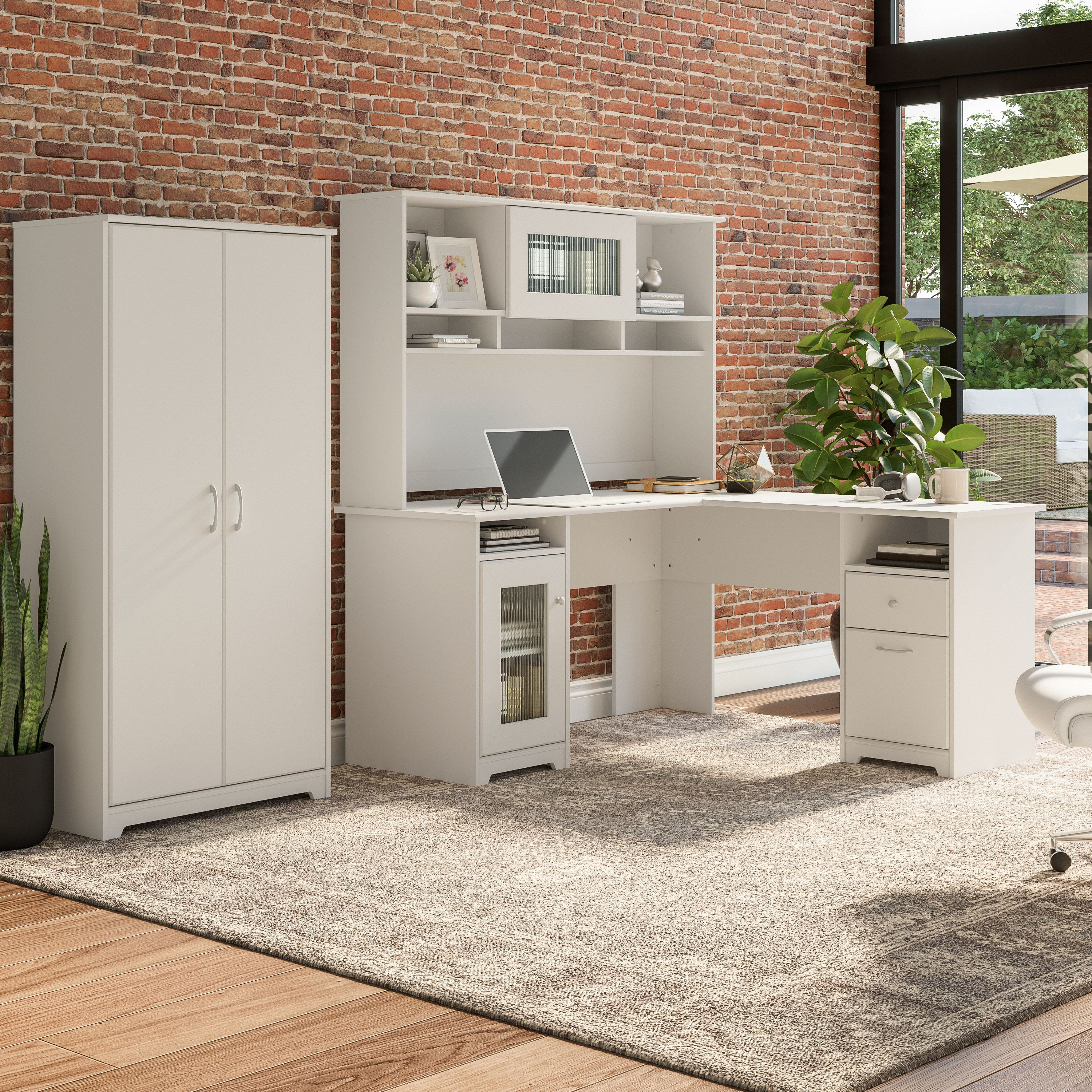 Shop Bush Furniture Cabot 60W L Shaped Computer Desk with Hutch and Tall Storage Cabinet 01 CAB017WHN #color_white