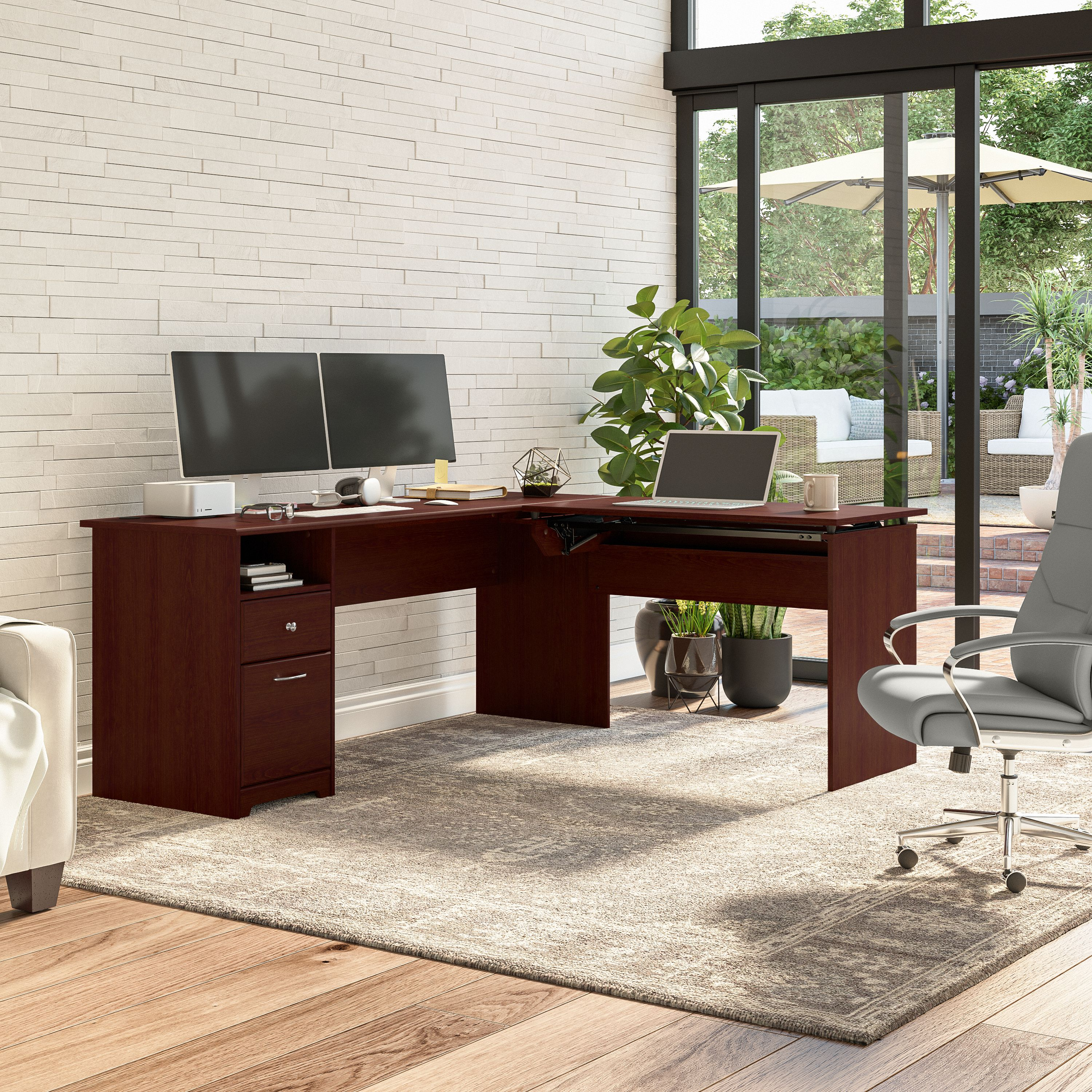 Shop Bush Furniture Cabot 72W 3 Position Sit to Stand L Shaped Desk 06 CAB050HVC #color_harvest cherry
