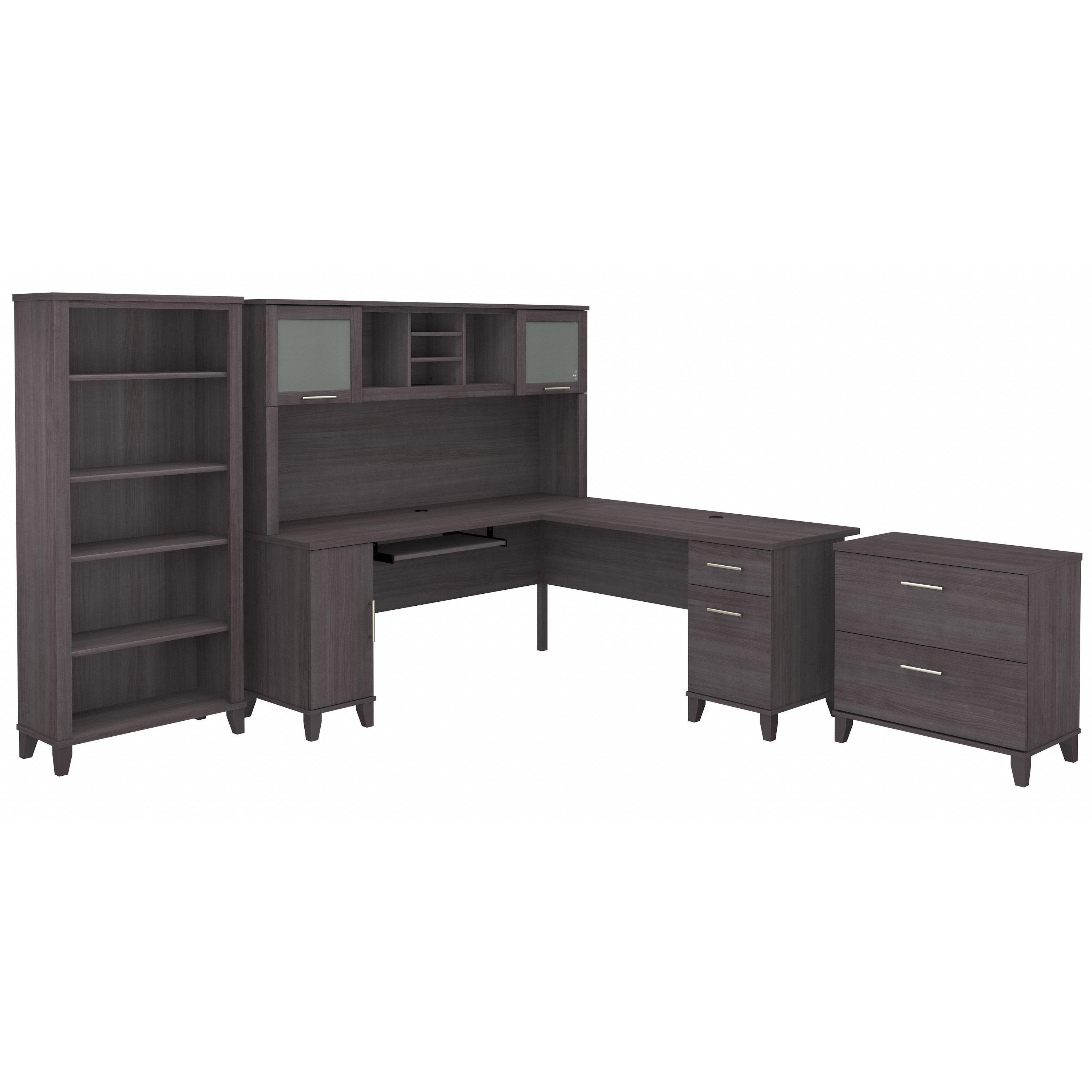 Shop Bush Furniture Somerset 72W L Shaped Desk with Hutch, Lateral File Cabinet and Bookcase 02 SET012SG #color_storm gray