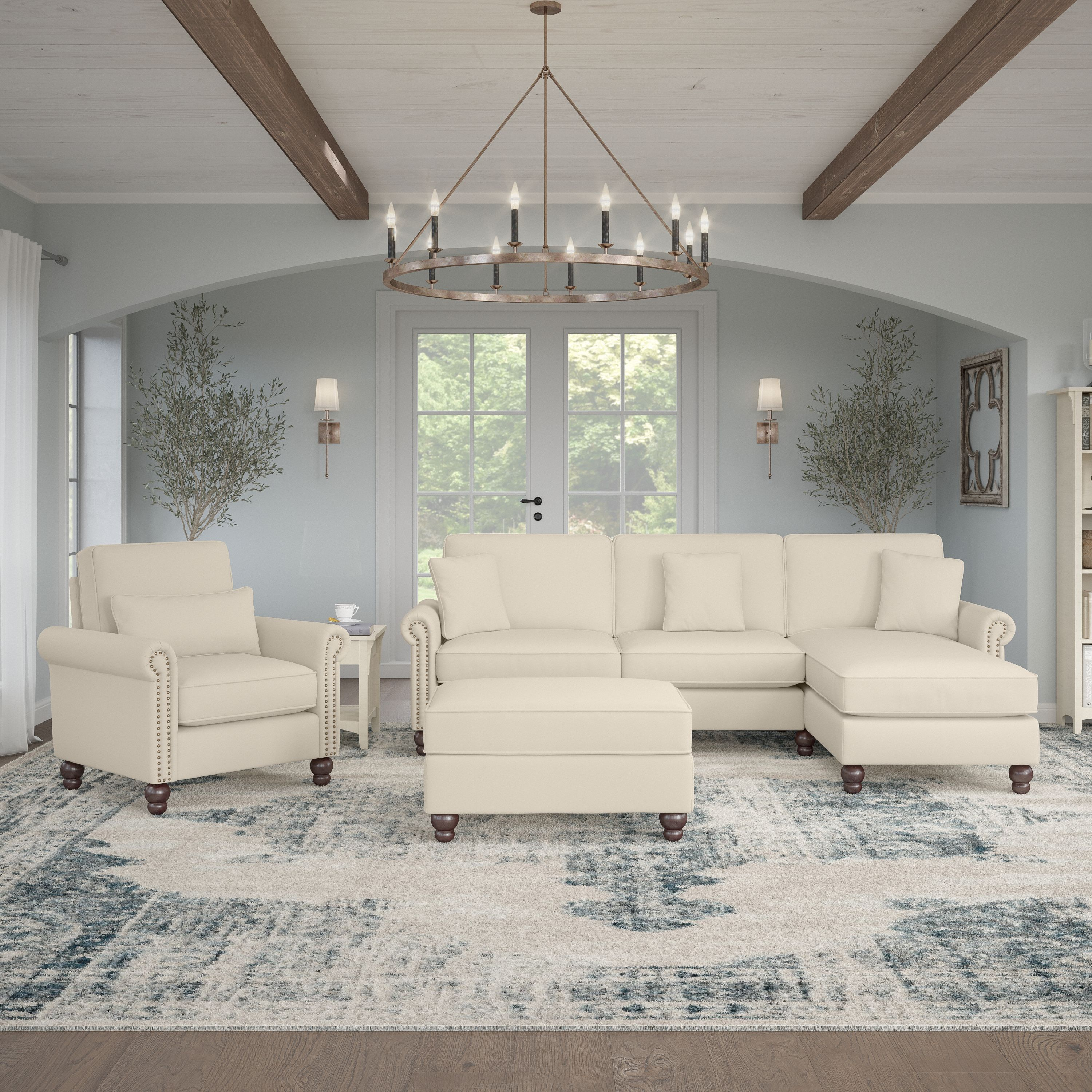 Shop Bush Furniture Coventry 102W Sectional Couch with Reversible Chaise Lounge, Accent Chair, and Ottoman 01 CVN021CRH #color_cream herringbone fabric