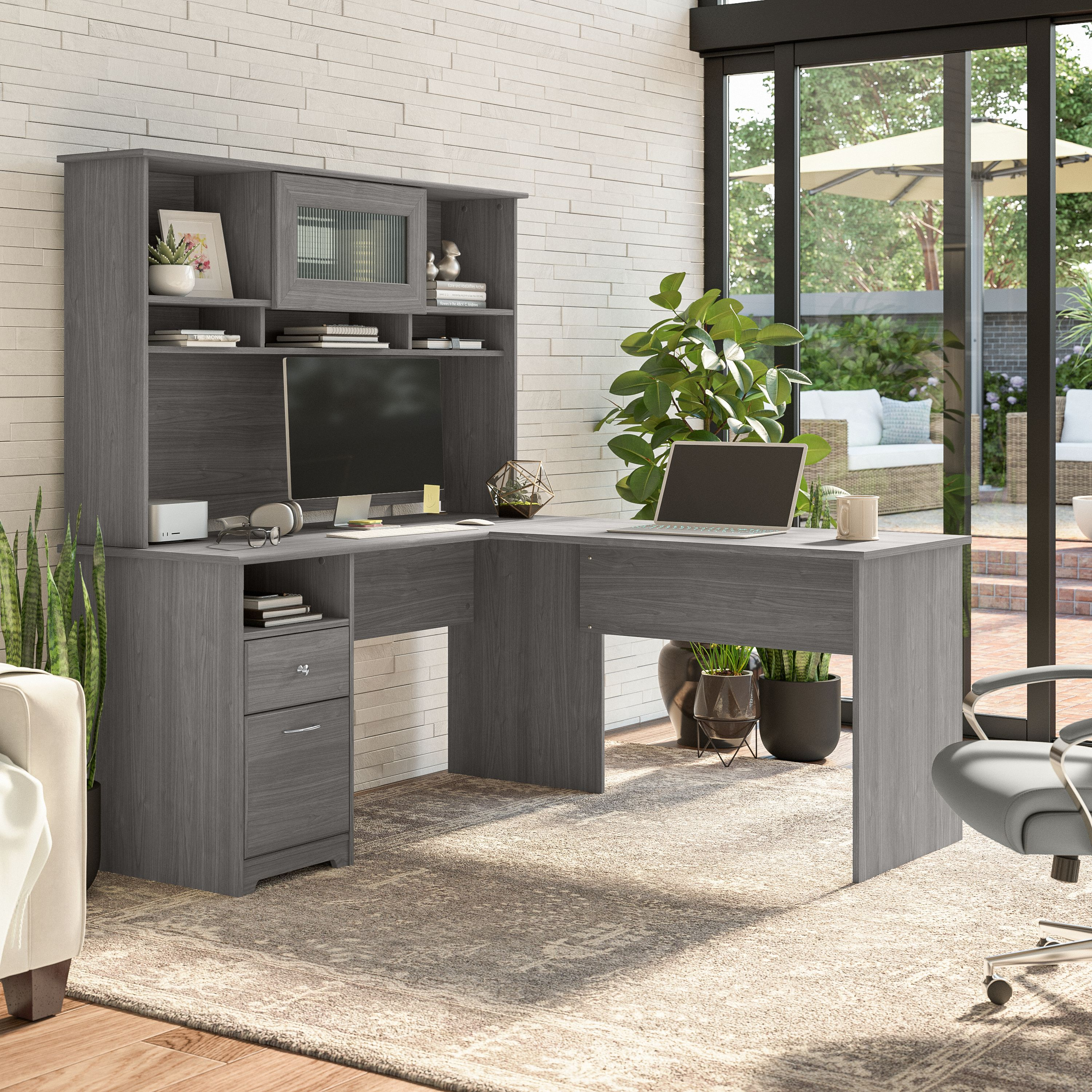 Shop Bush Furniture Cabot 60W L Shaped Computer Desk with Hutch and Drawers 01 CAB046MG #color_modern gray