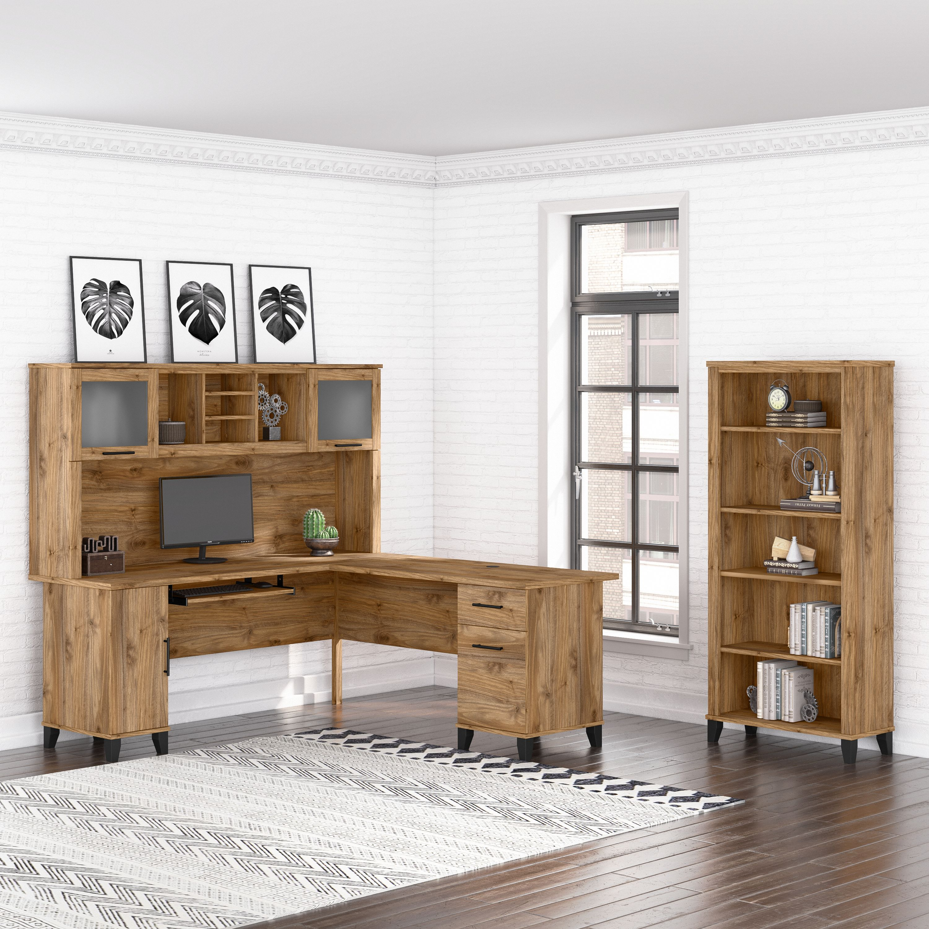 Shop Bush Furniture Somerset 72W L Shaped Desk with Hutch and 5 Shelf Bookcase 01 SET011FW #color_fresh walnut