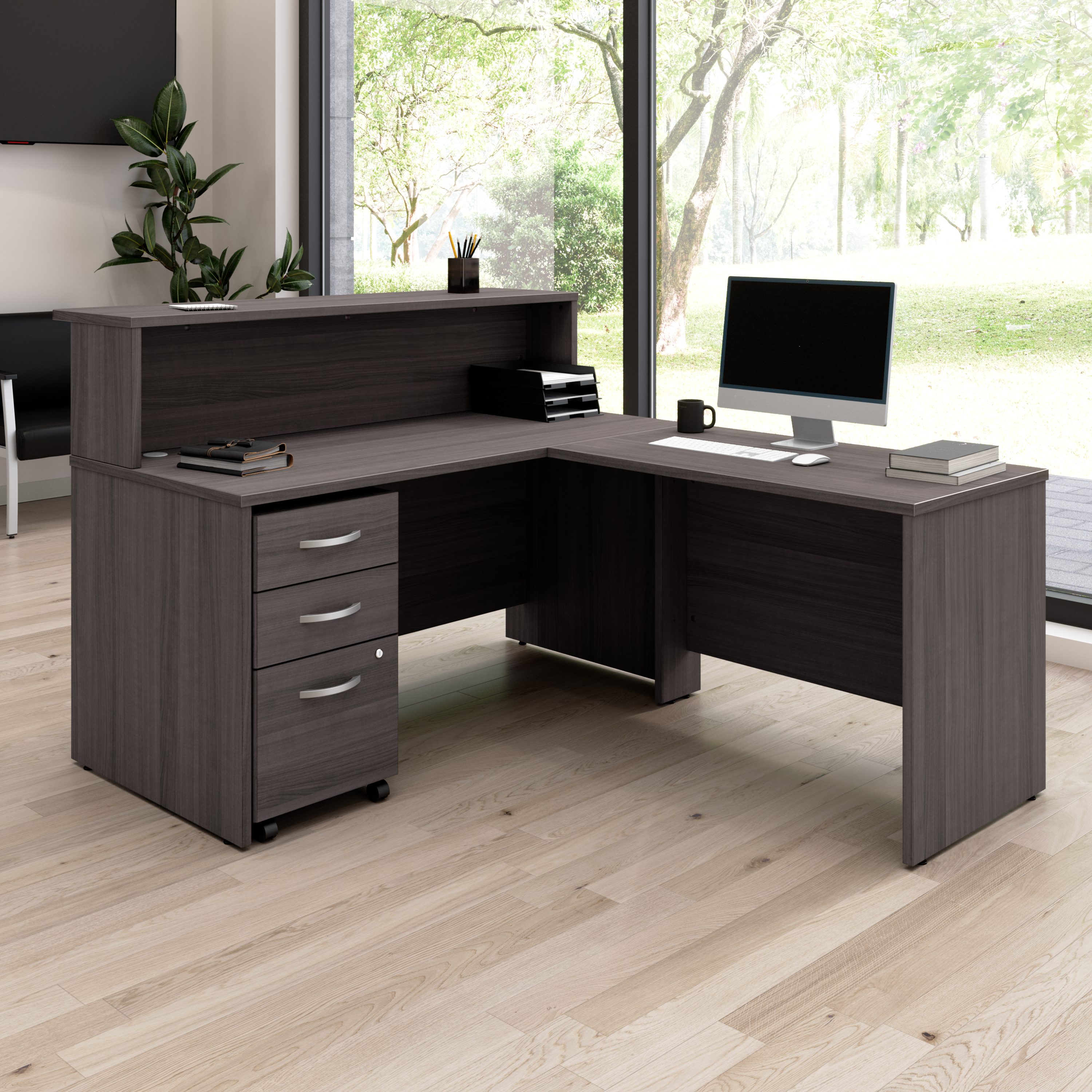 Shop Bush Business Furniture Arrive 60W x 72D L Shaped Reception Desk with Shelf and Mobile File Cabinet 01 ARV004SG #color_storm gray