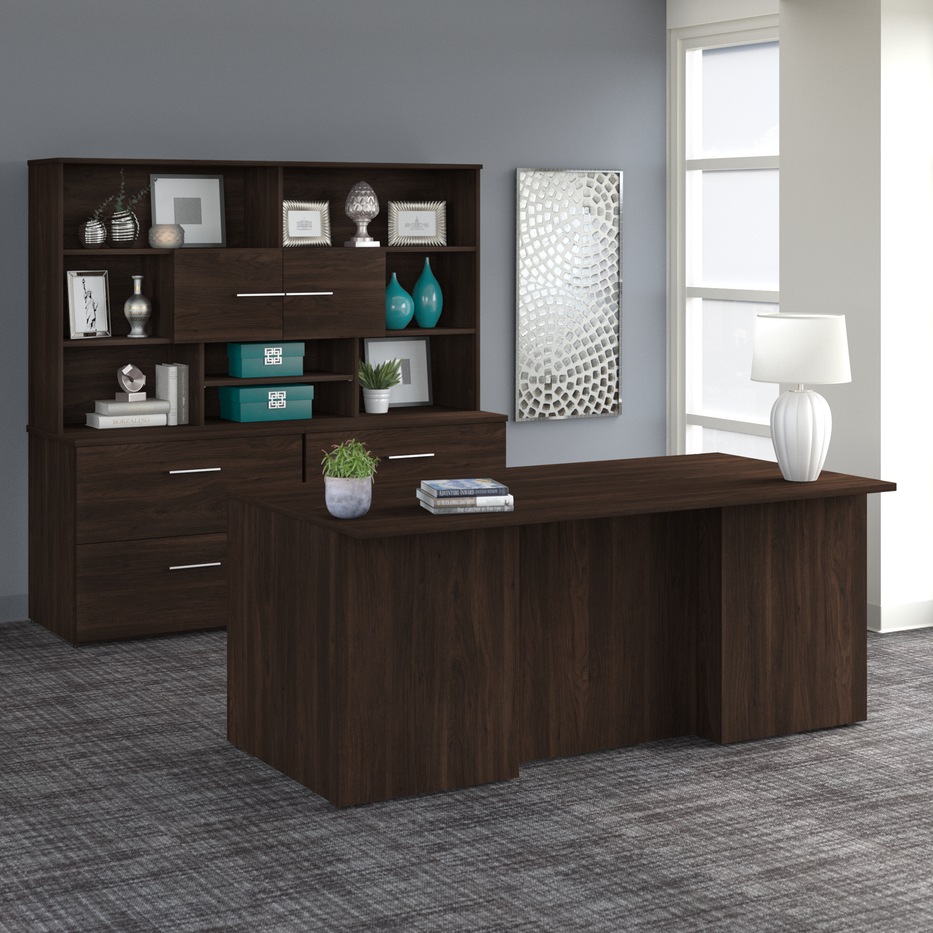 Shop Bush Business Furniture Office 500 72W Height Adjustable Standing Desk with Storage and Bookcase 09 OF5006BWSU #color_black walnut