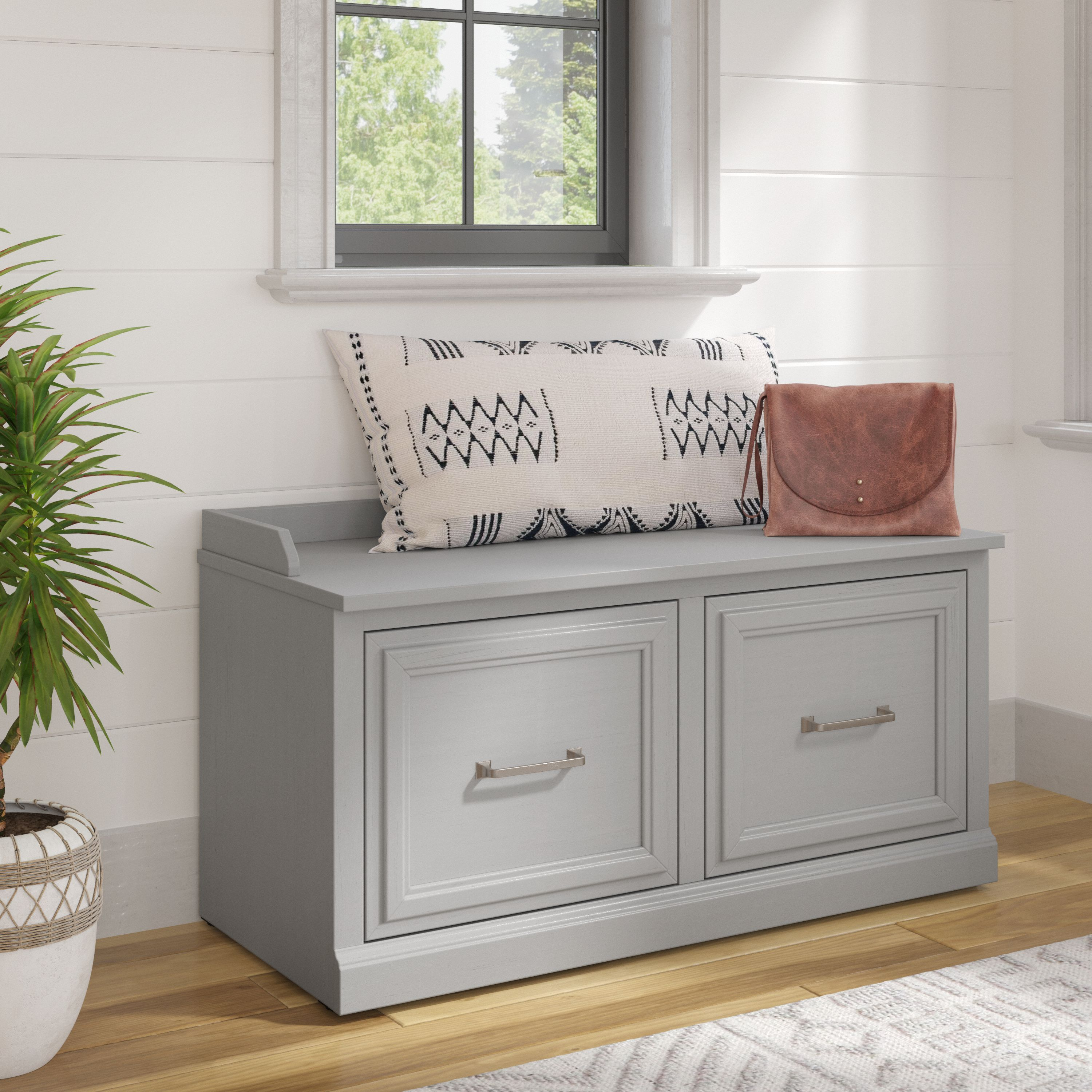 Shop Bush Furniture Woodland 40W Shoe Storage Bench with Doors 01 WDS140CG-03 #color_cape cod gray