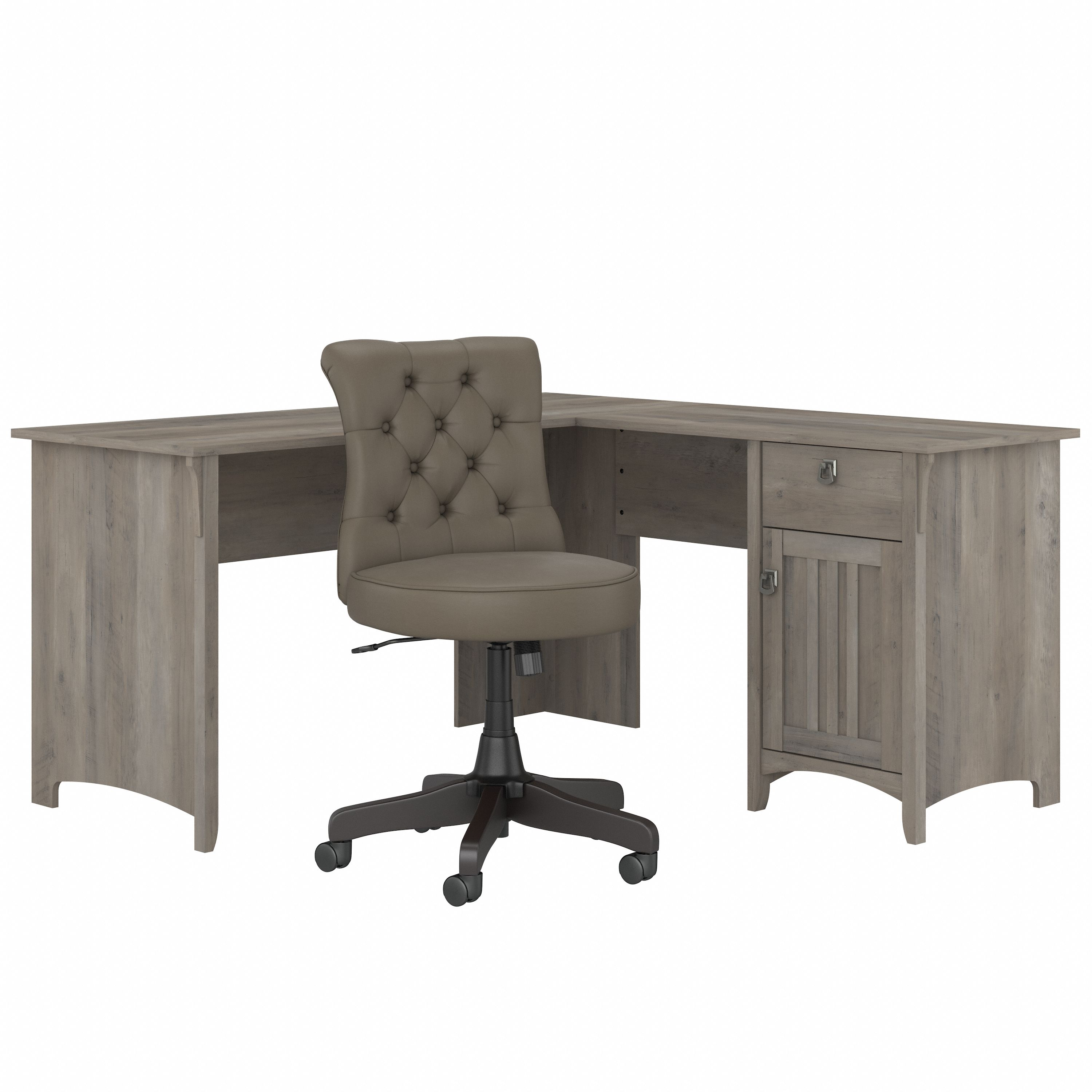 Shop Bush Furniture Salinas 60W L Shaped Desk with Mid Back Tufted Office Chair 02 SAL010DG #color_driftwood gray