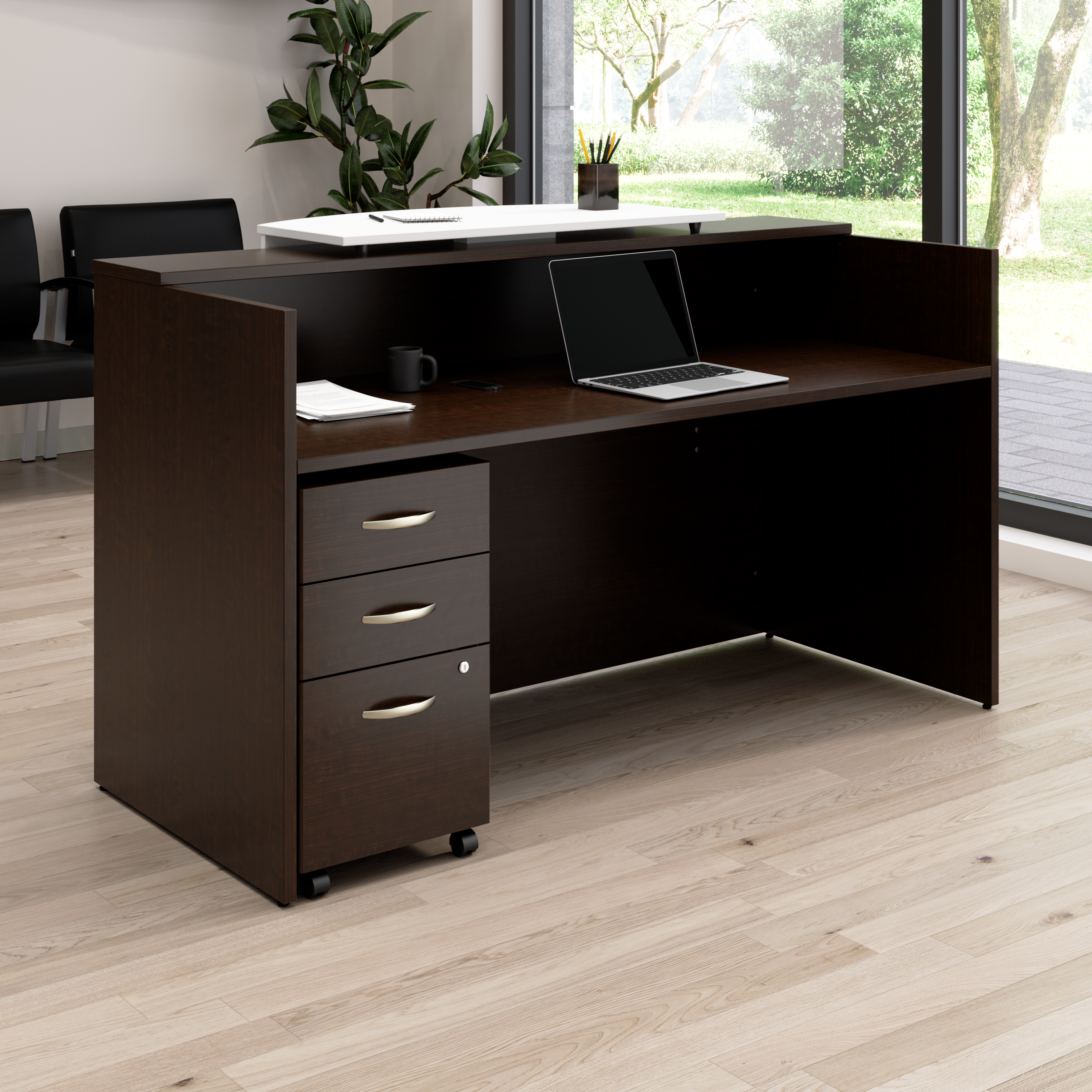 Shop Bush Business Furniture Arrive 72W x 30D Reception Desk with Counter and Mobile File Cabinet 01 ARV008MR #color_mocha cherry