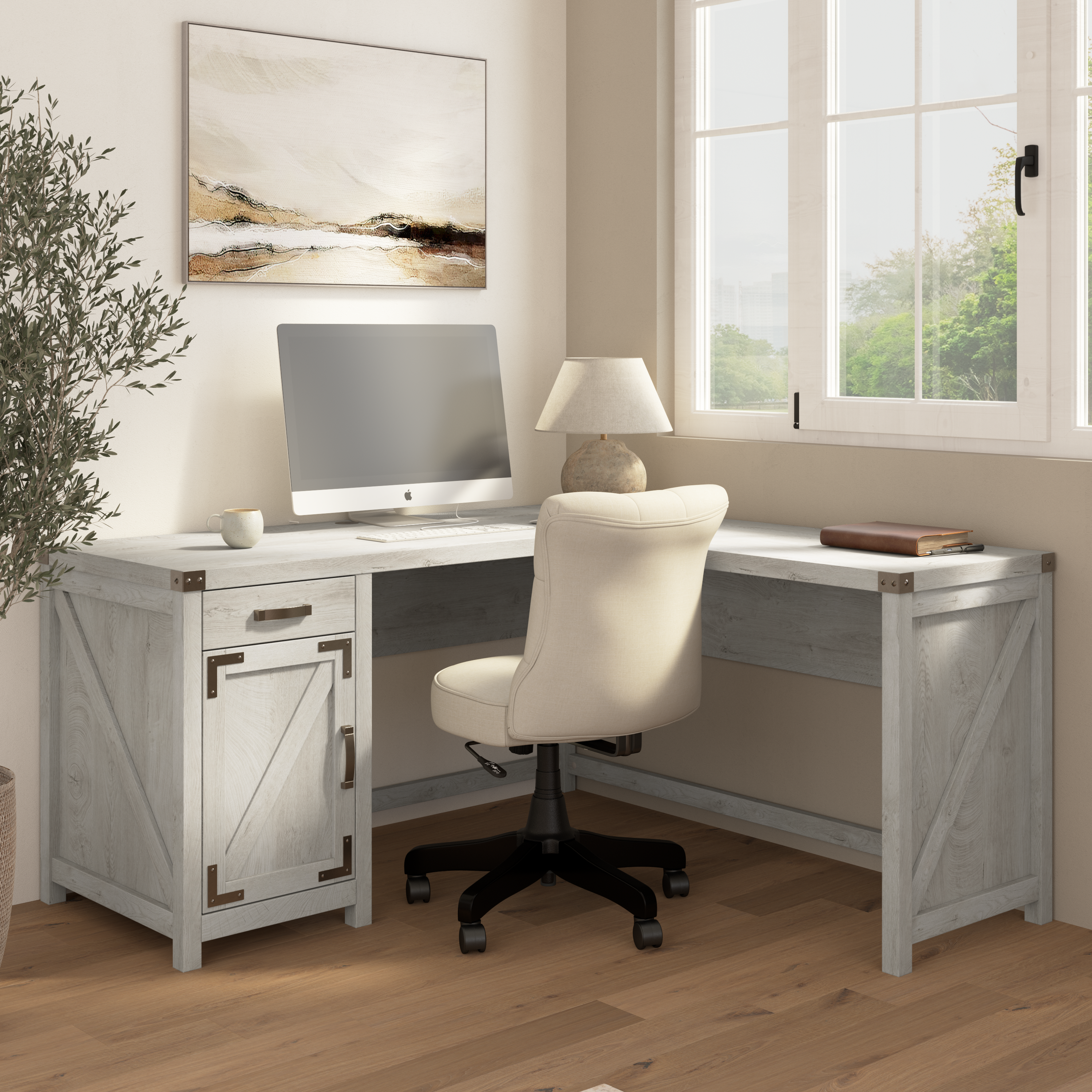 Shop Bush Furniture Knoxville 60W L Shaped Desk with Drawer and Storage Cabinet 01 CGD160CWH-03 #color_cottage white