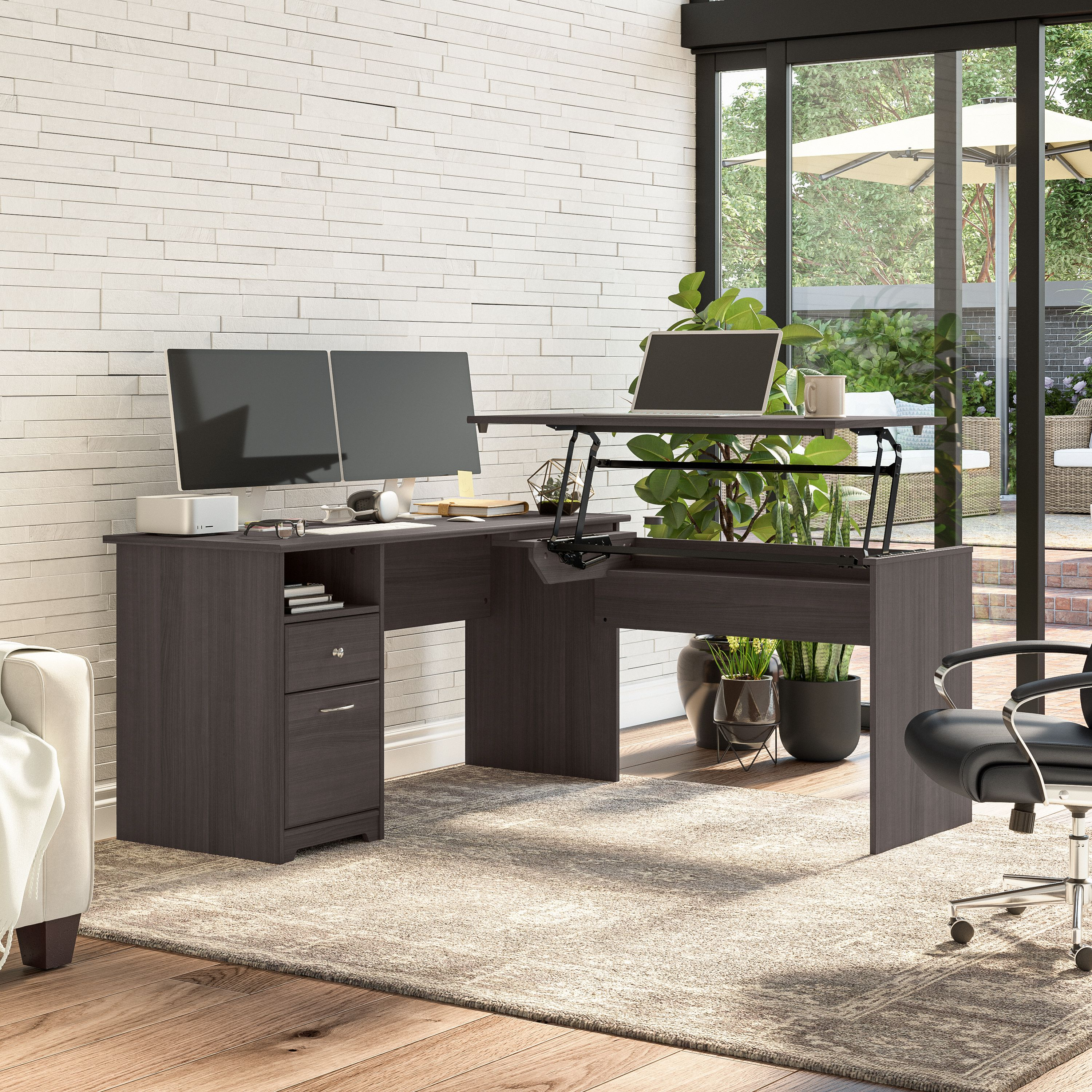 Shop Bush Furniture Cabot 60W 3 Position Sit to Stand L Shaped Desk 01 CAB043HRG #color_heather gray