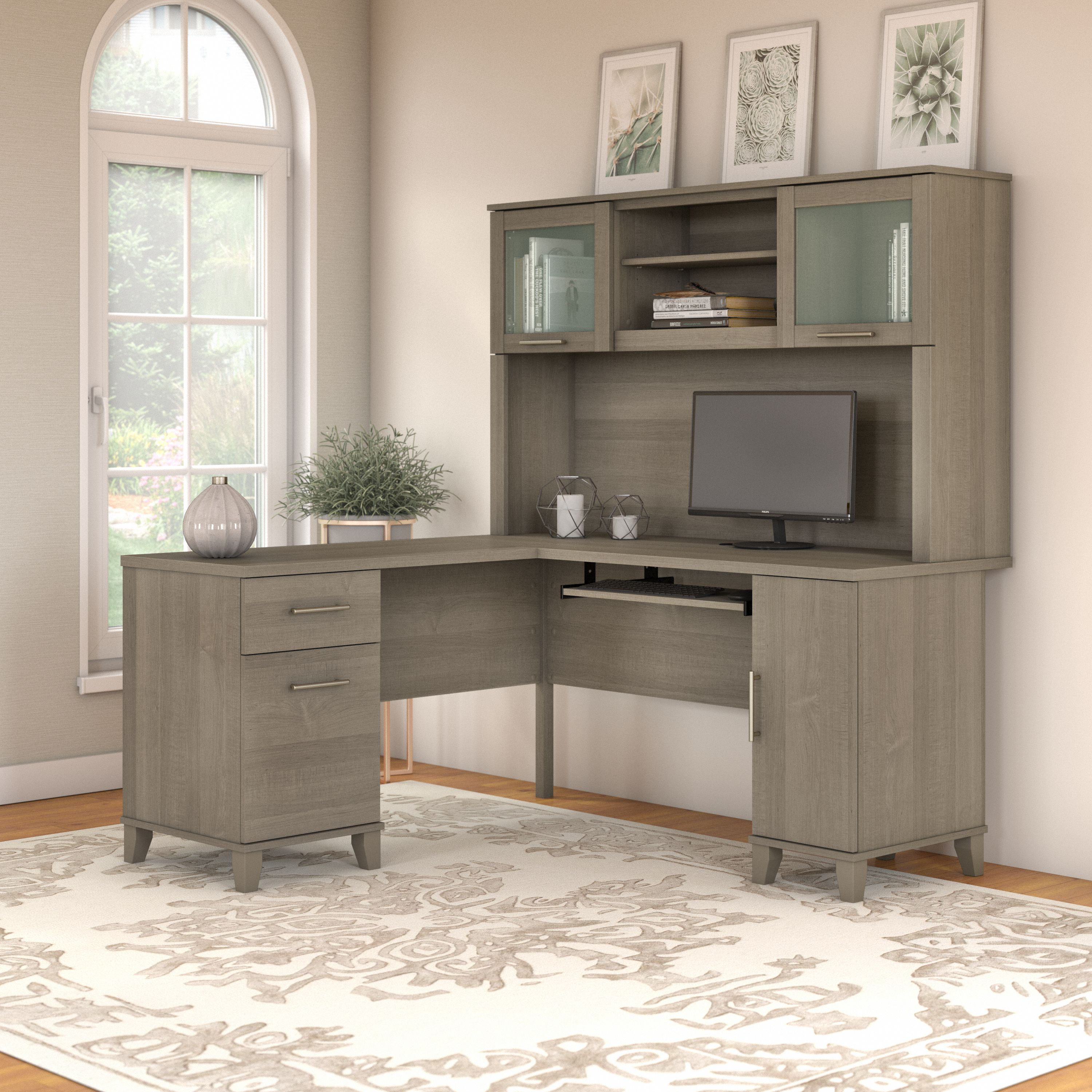 Shop Bush Furniture Somerset 60W L Shaped Desk with Hutch 01 SET002AG #color_ash gray