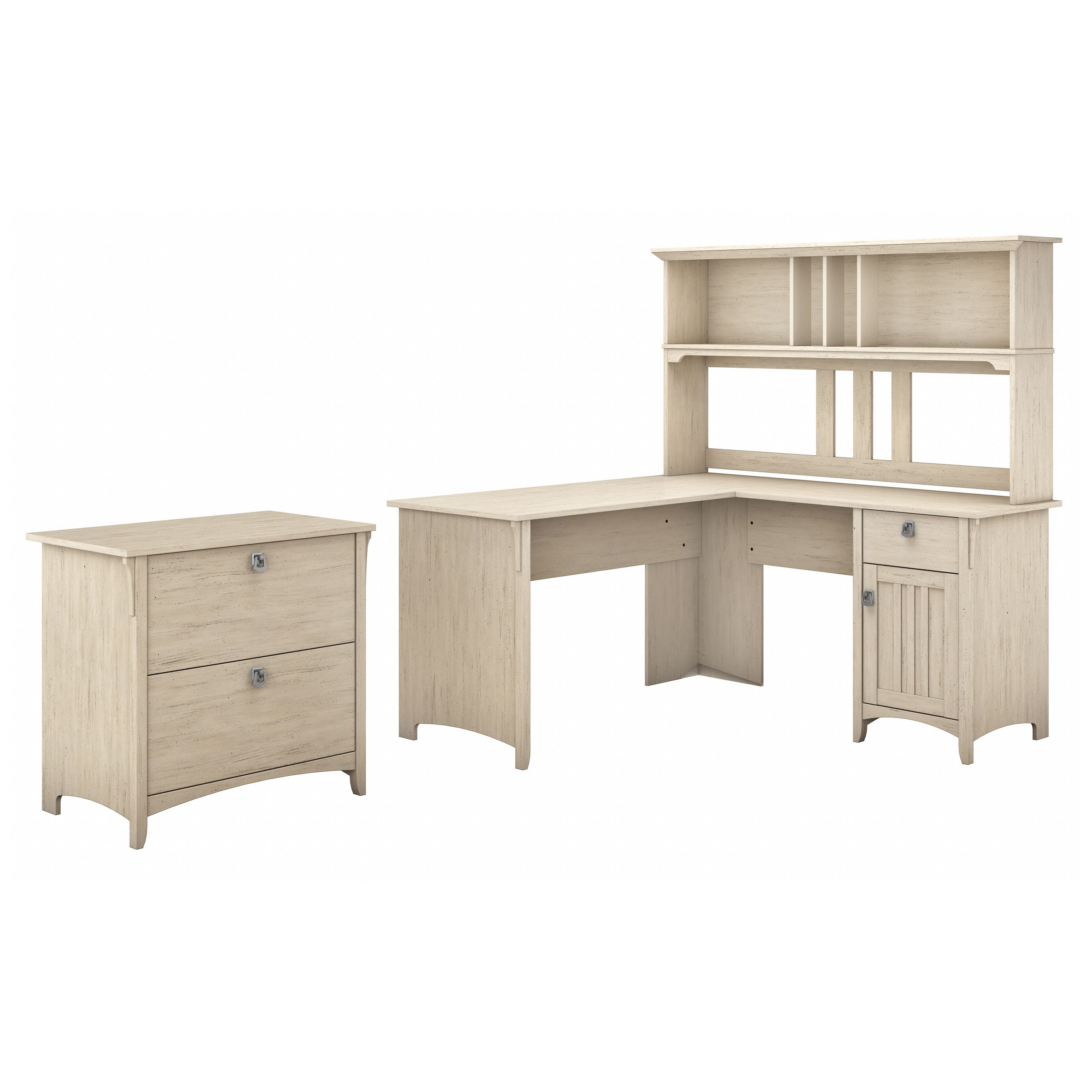 Shop Bush Furniture Salinas 60W L Shaped Desk with Hutch and Lateral File Cabinet 02 SAL005AW #color_antique white