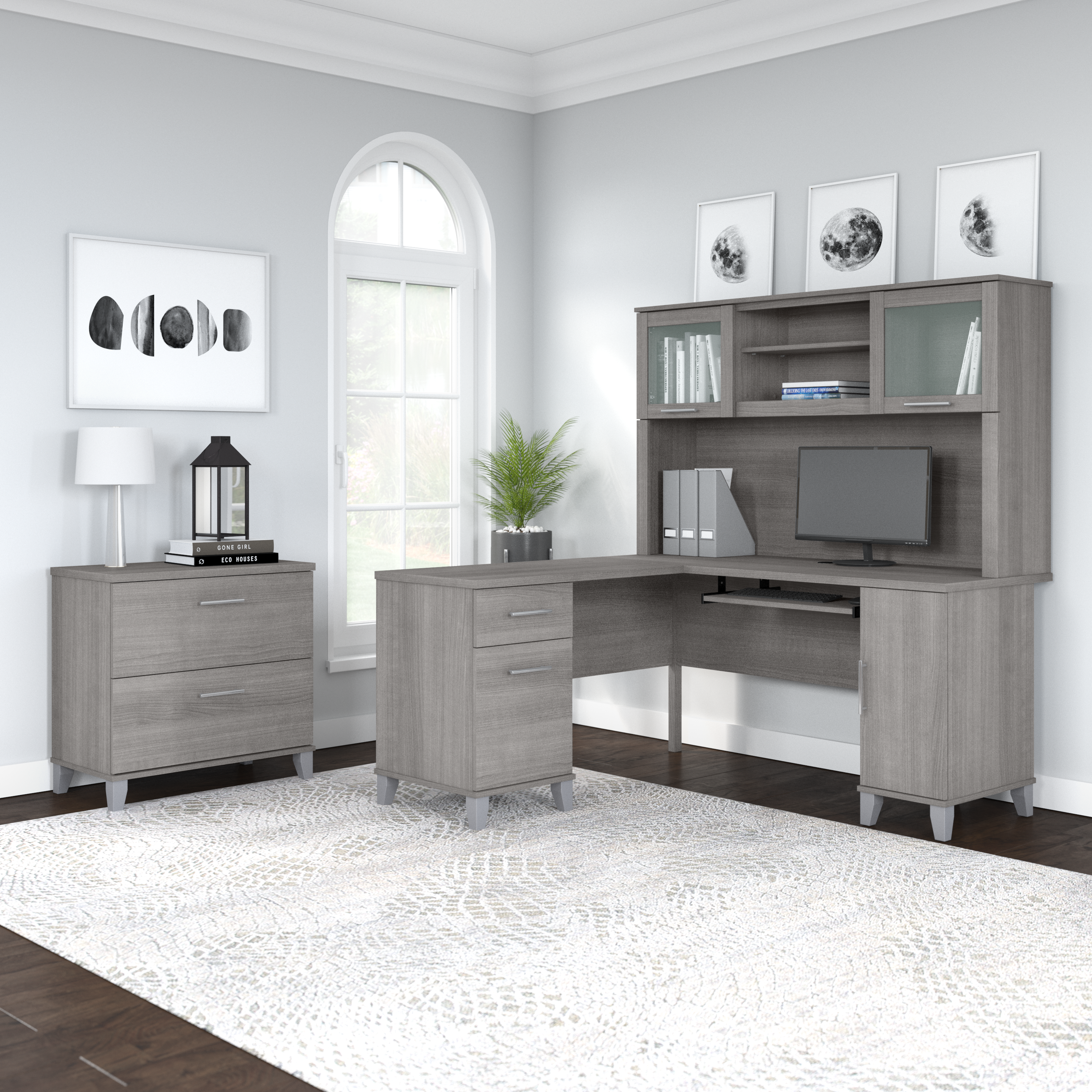 Shop Bush Furniture Somerset 60W L Shaped Desk with Hutch and Lateral File Cabinet 01 SET008PG #color_platinum gray