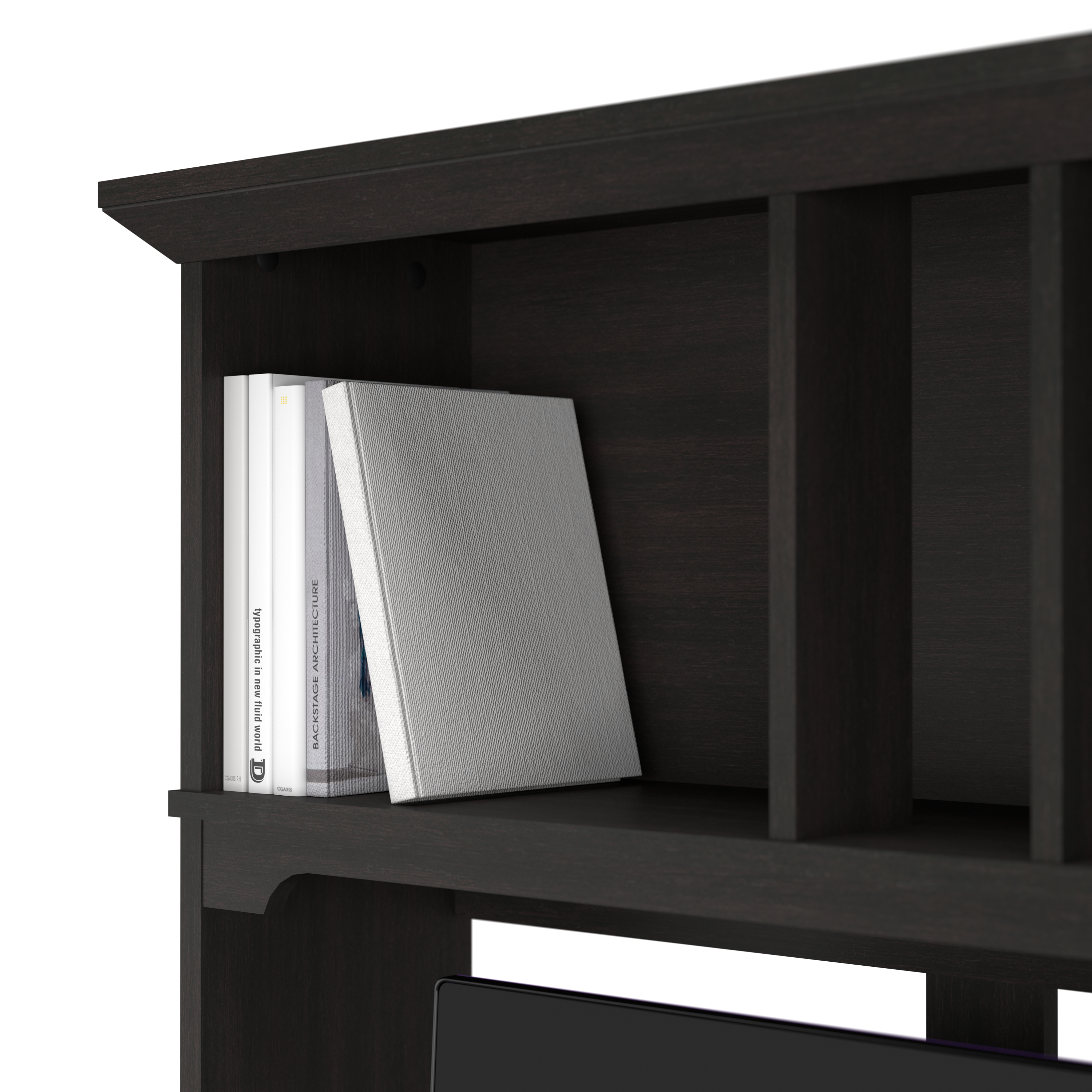 Shop Bush Furniture Salinas 60W L Shaped Desk with Hutch, Lateral File Cabinet and 5 Shelf Bookcase 09 SAL007VB #color_vintage black