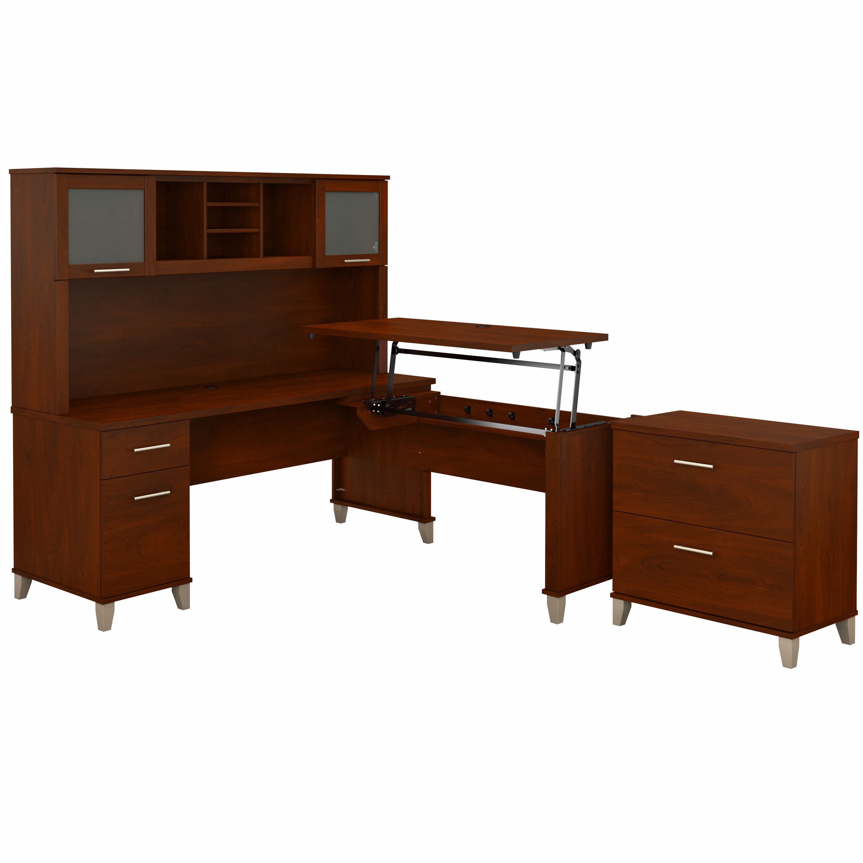 Shop Bush Furniture Somerset 72W 3 Position Sit to Stand L Shaped Desk with Hutch and File Cabinet 02 SET016HC #color_hansen cherry