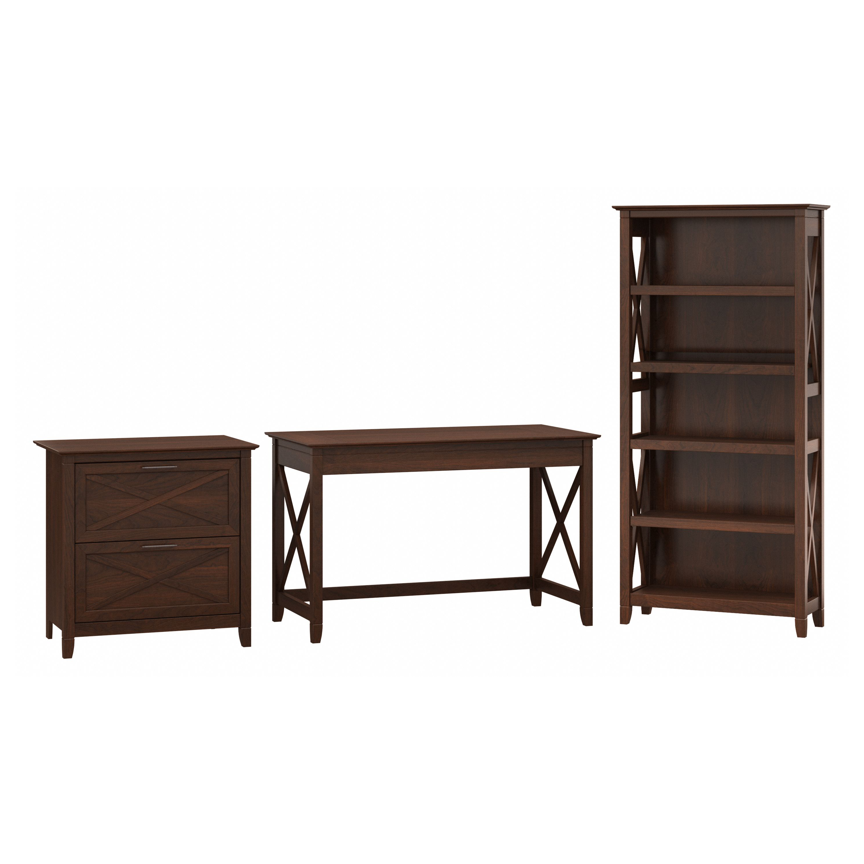 Shop Bush Furniture Key West 48W Writing Desk with 2 Drawer Lateral File Cabinet and 5 Shelf Bookcase 02 KWS004BC #color_bing cherry
