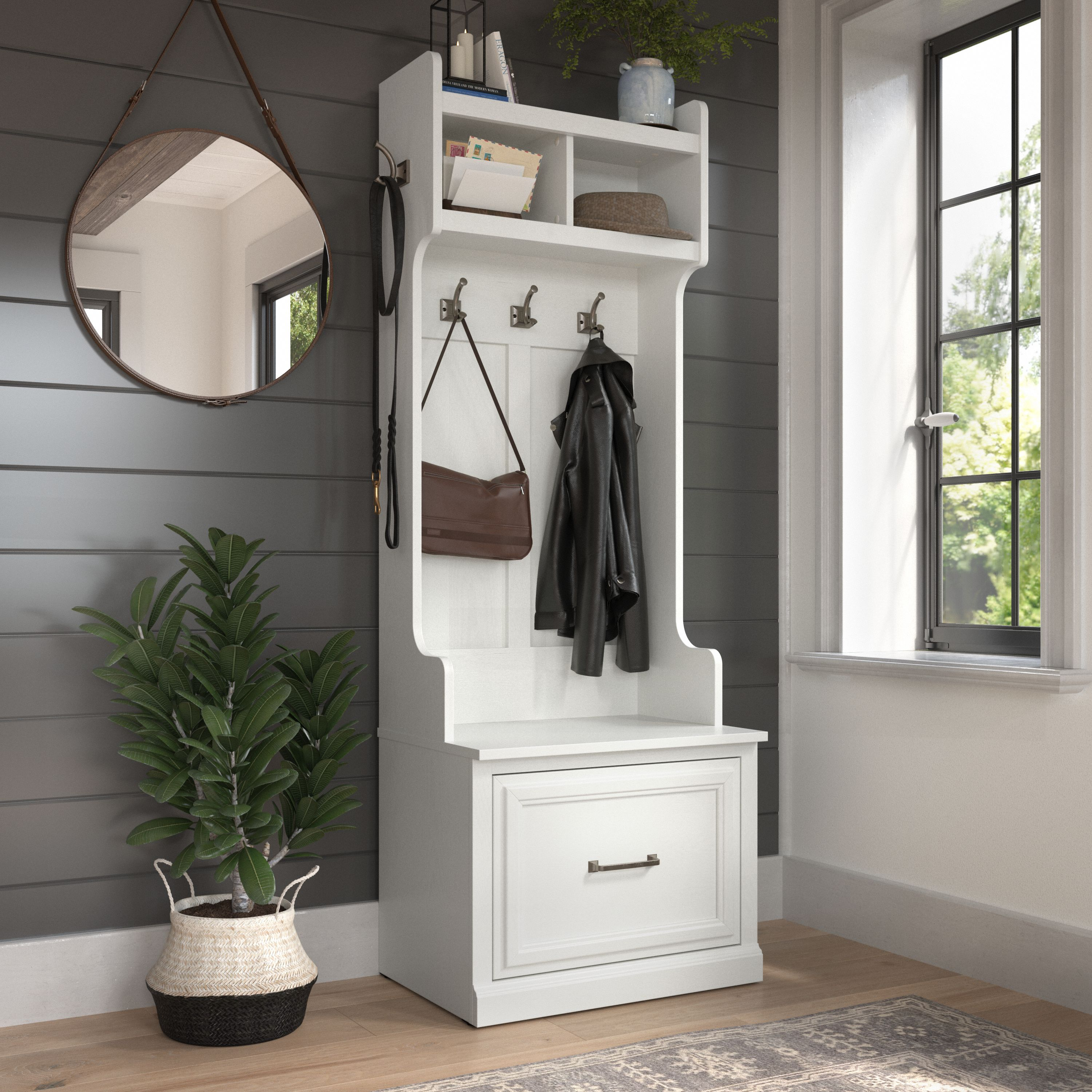 Shop Bush Furniture Woodland 24W Hall Tree and Small Shoe Bench with Drawer 01 WDL007WAS #color_white ash